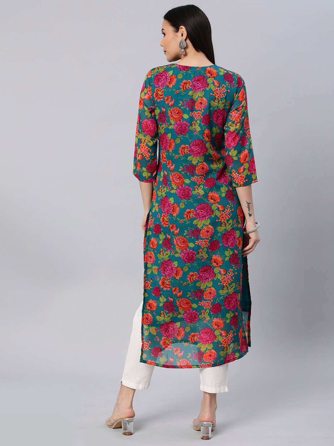 Kalini Floral Printed Chikankari Embroidered Straight Kurta - Distacart