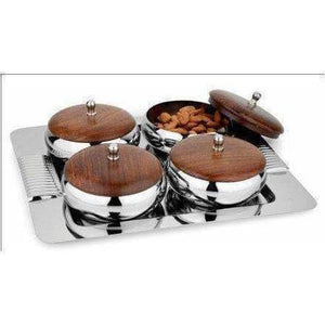 Stainless Steel Serving Set with Wooden Lid and Tray - 4 Pieces - Distacart