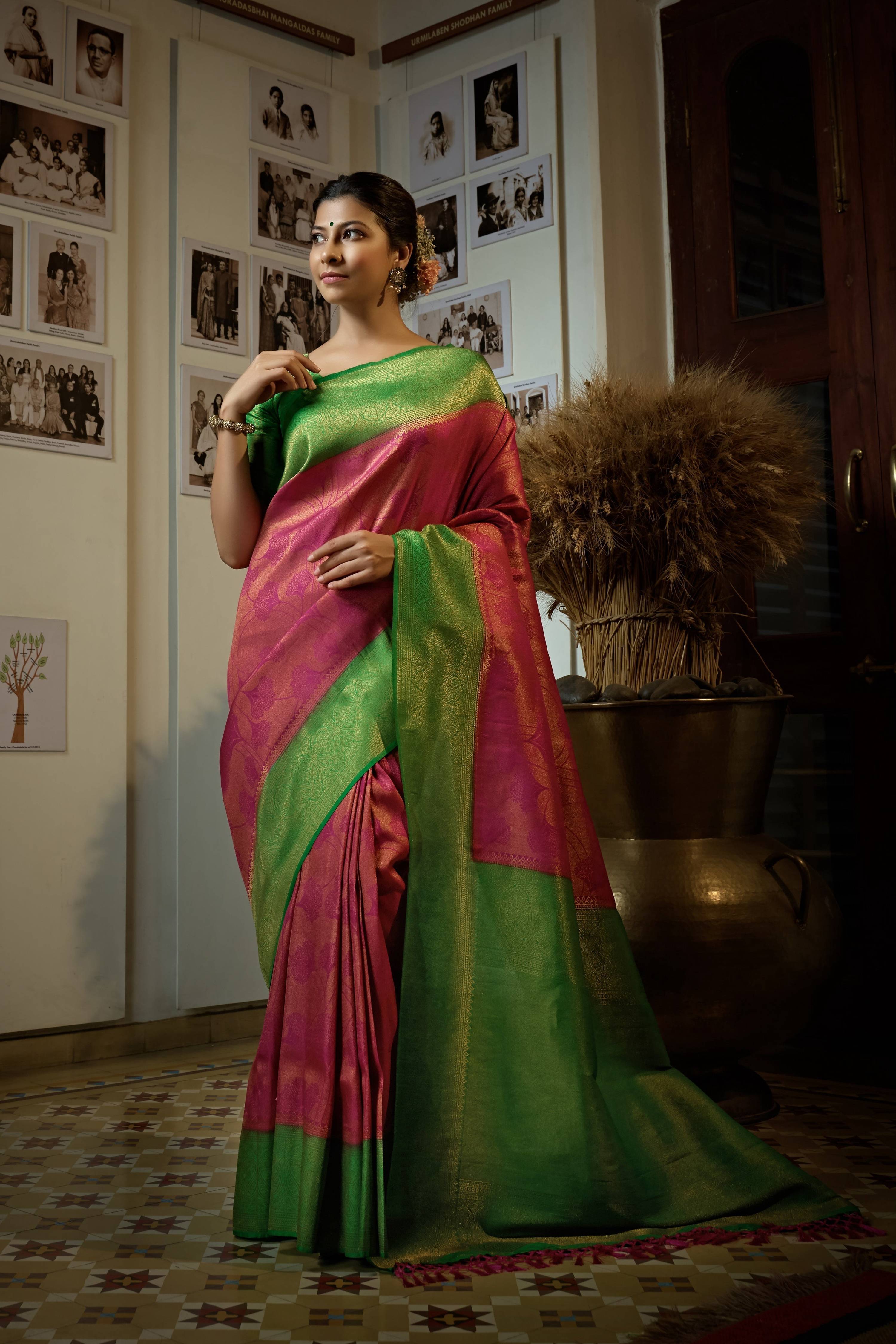 Vardha Magenta Pink Golden Zari Kanjeevaram Silk Saree