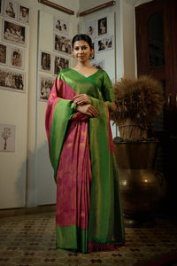 Thumbnail for Vardha Magenta Pink Golden Zari Kanjeevaram Silk Saree