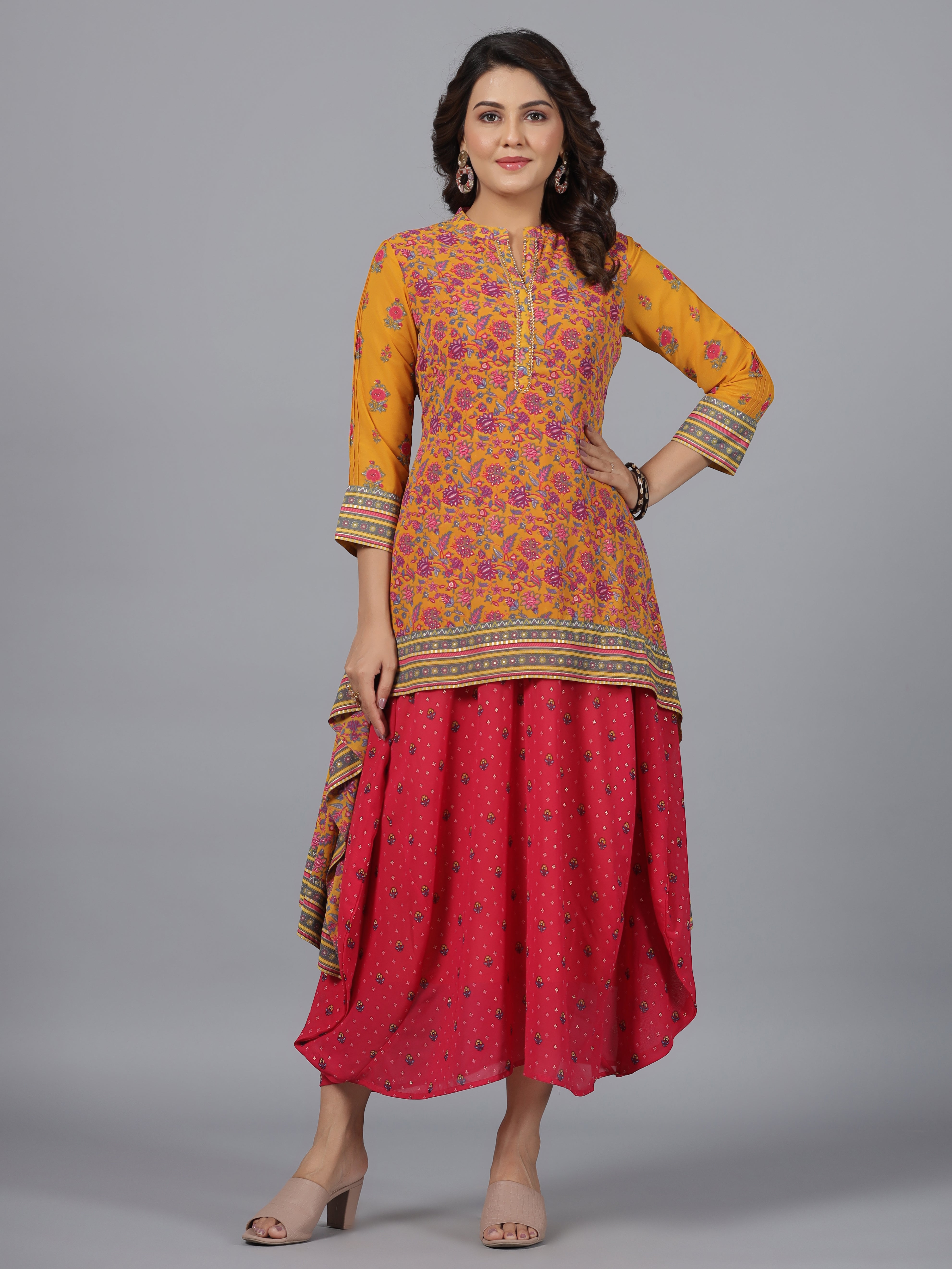 Juniper Women Mustard Georgette Printed Draped Maxi Dress - Distacart