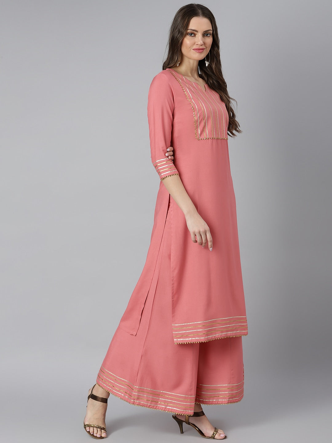 Khushal K Women Peach-Coloured Yoke Design Kurta with Palazzos - Distacart