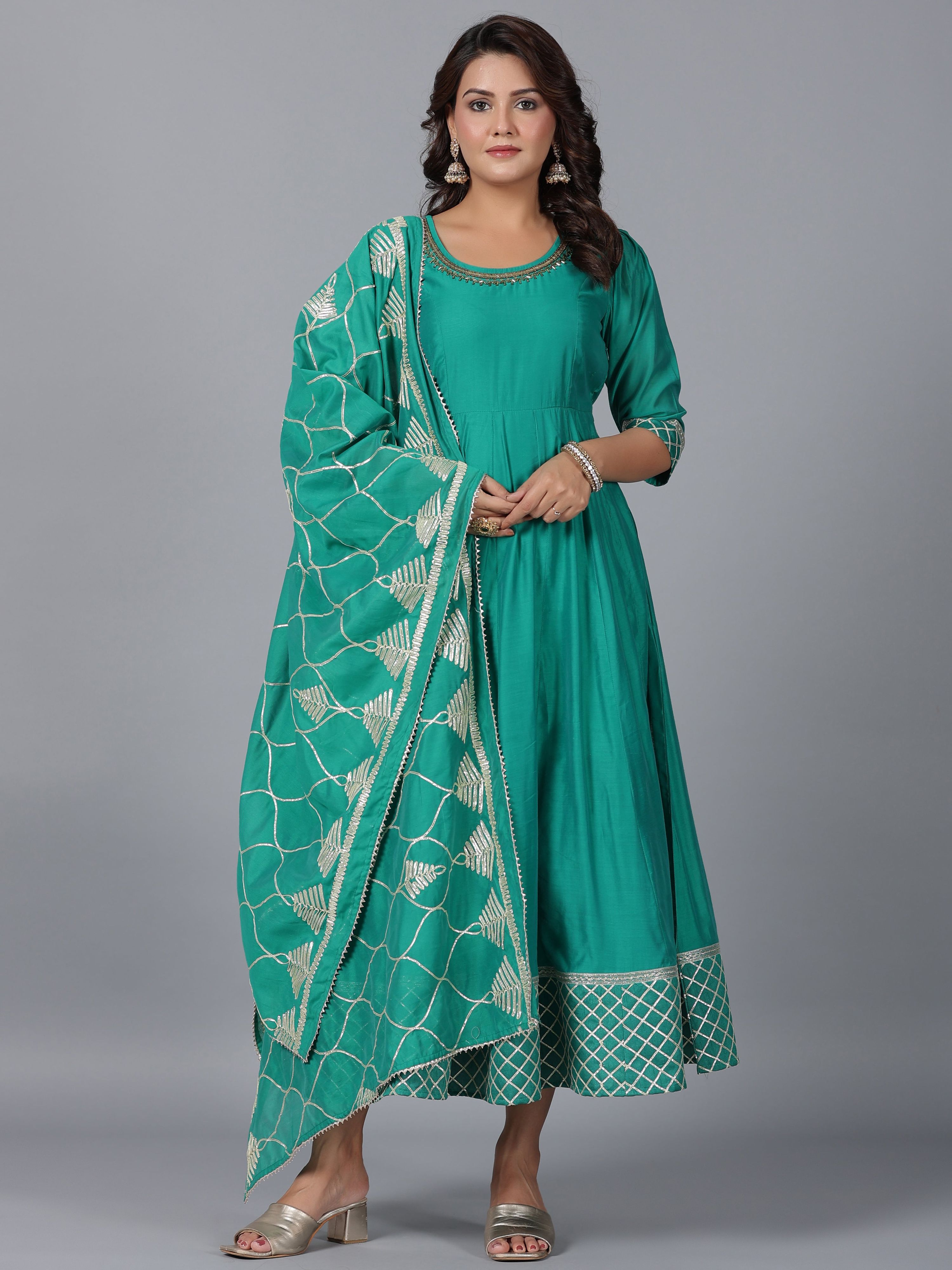 Juniper Women's Green Chanderi Anarkali Gota Patti Kurta & Dupatta Set - Distacart