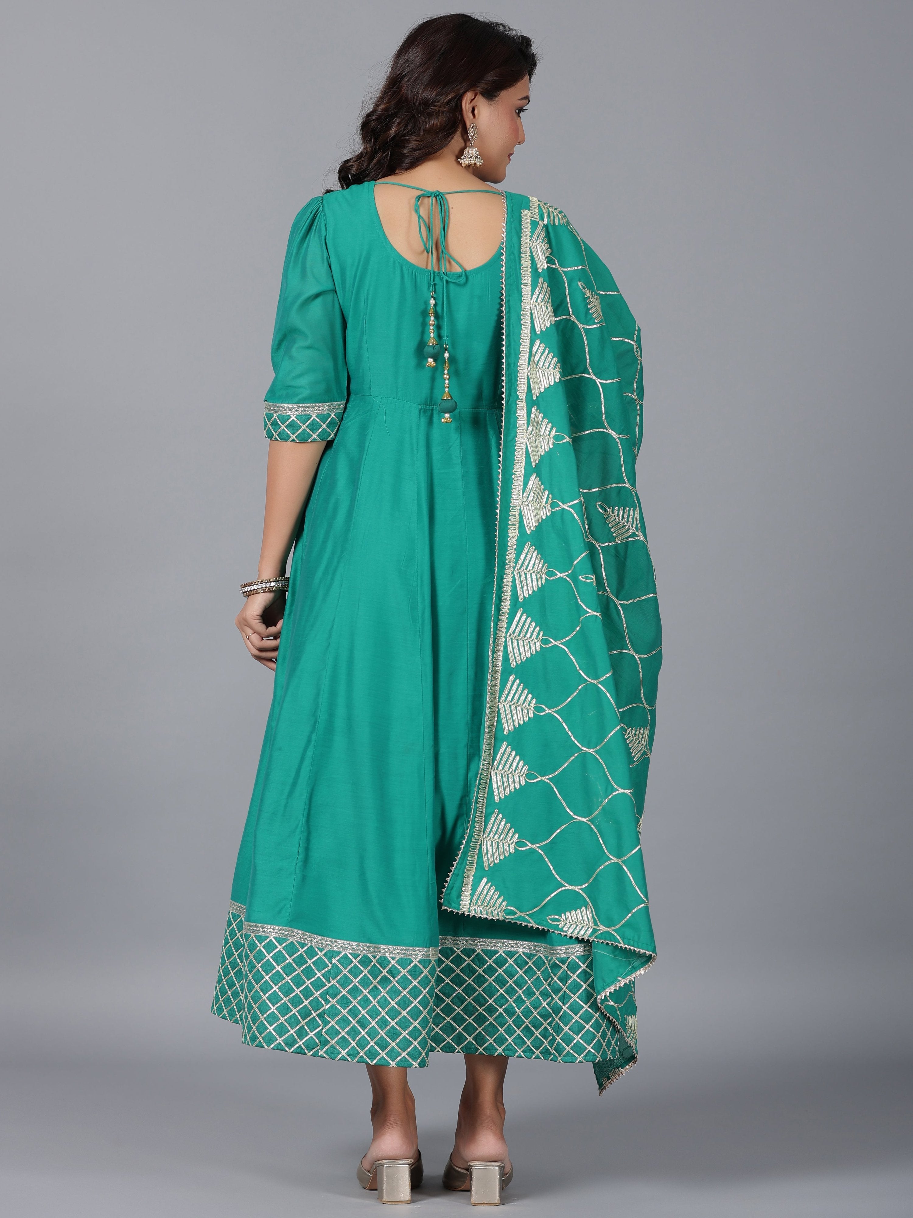 Juniper Women's Green Chanderi Anarkali Gota Patti Kurta & Dupatta Set - Distacart