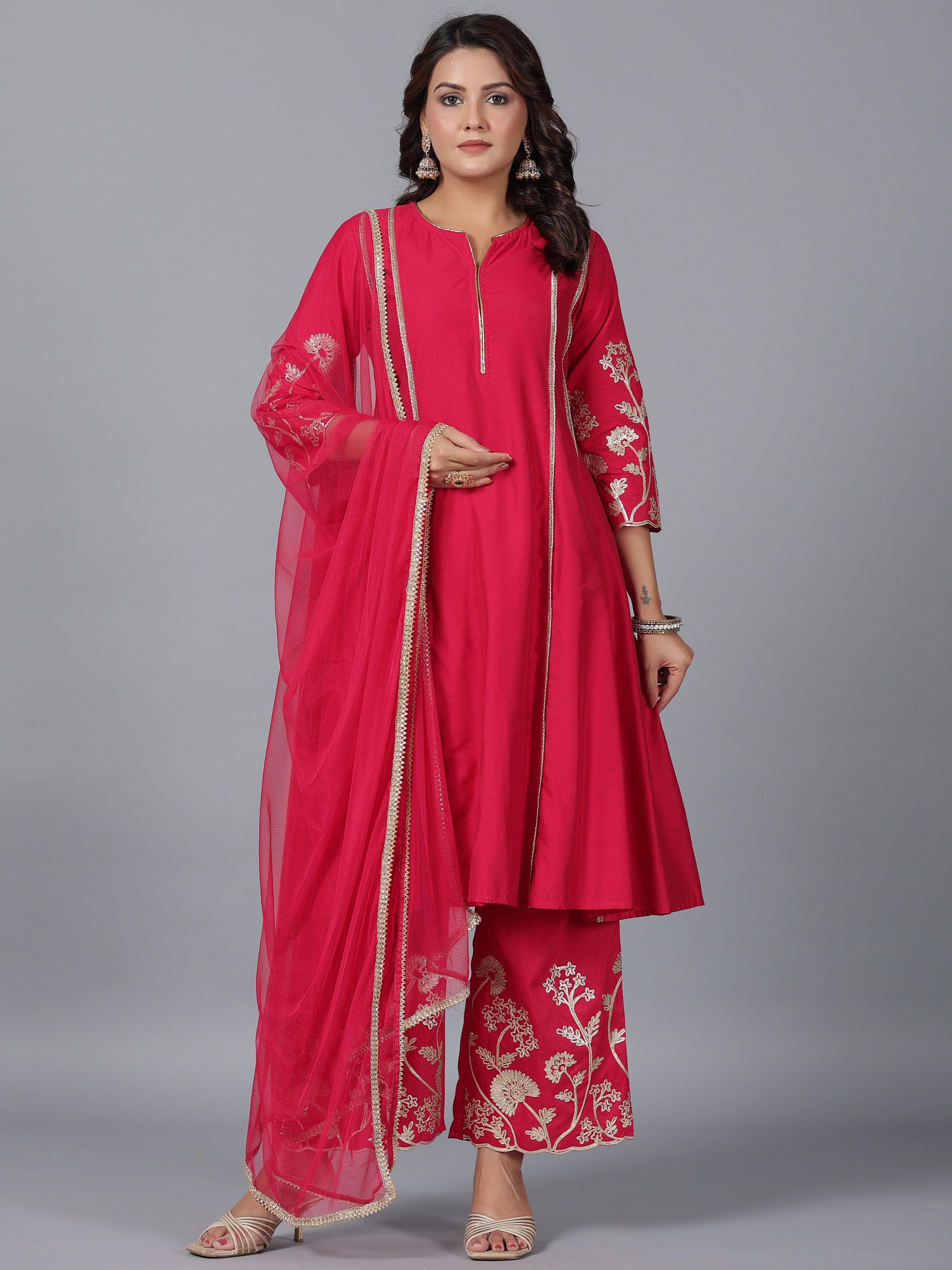 Juniper Women Fuchsia Chanderi Gota Patti Kurta, Palazzo & Dupatta Set - Distacart