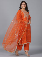 Thumbnail for Juniper Women Orange Chanderi Embroidered Kurta, Palazzo & Dupatta Set - Distacart
