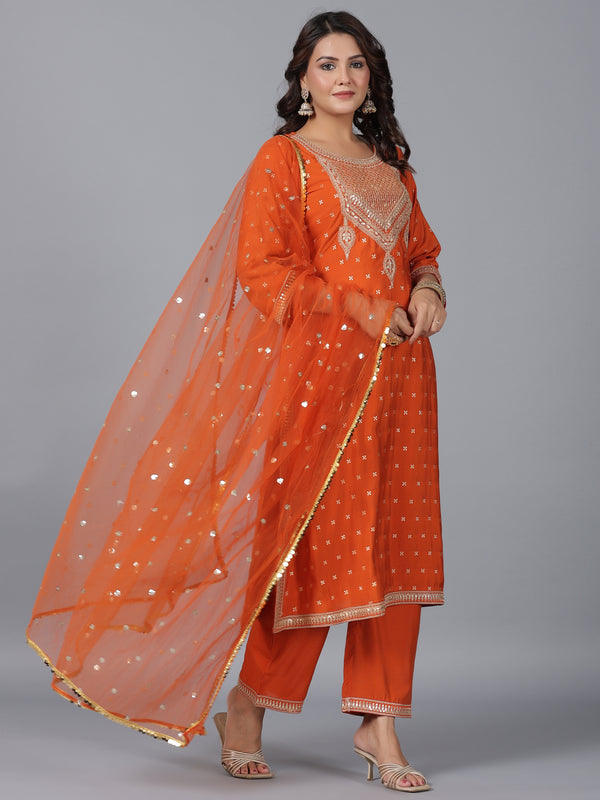 Juniper Women Orange Chanderi Embroidered Kurta, Palazzo & Dupatta Set - Distacart