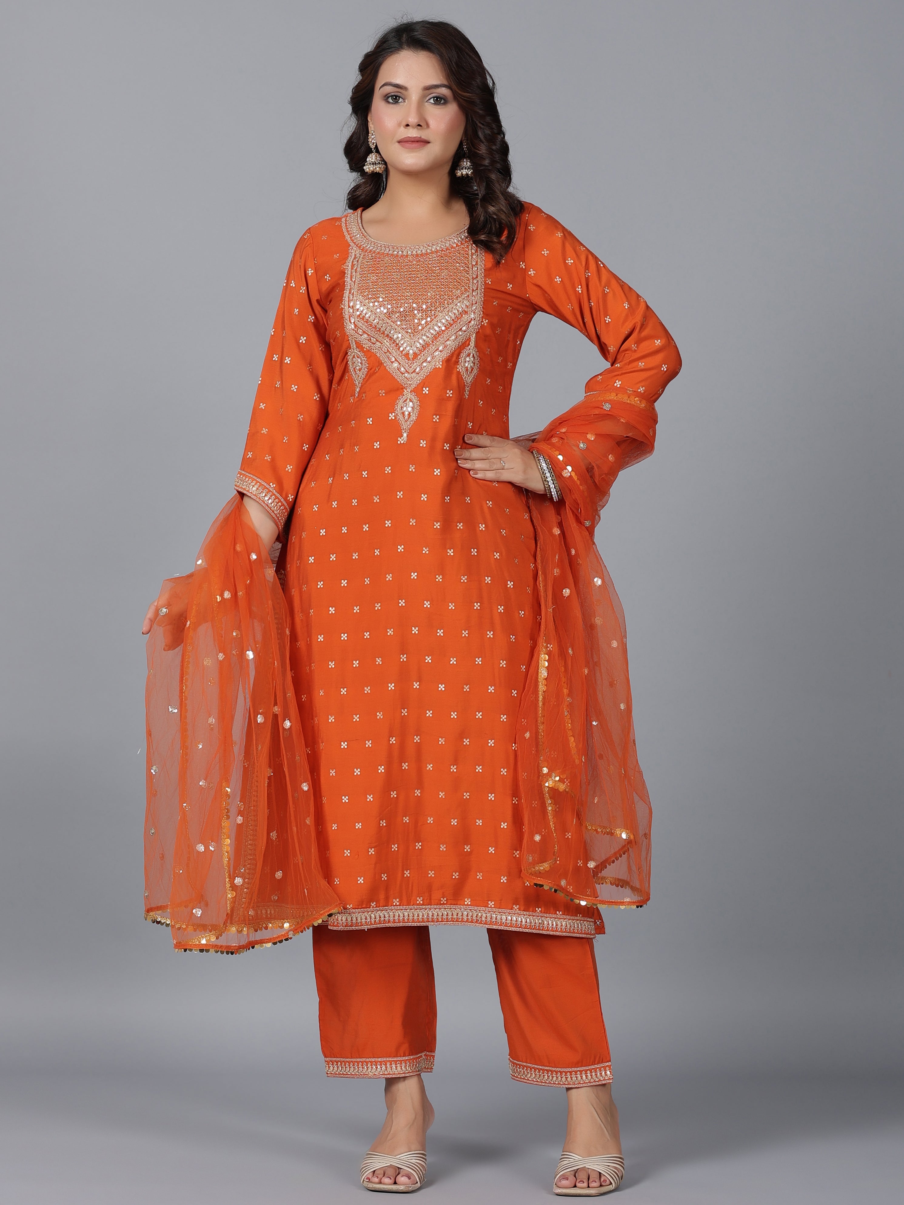 Juniper Women Orange Chanderi Embroidered Kurta, Palazzo & Dupatta Set - Distacart