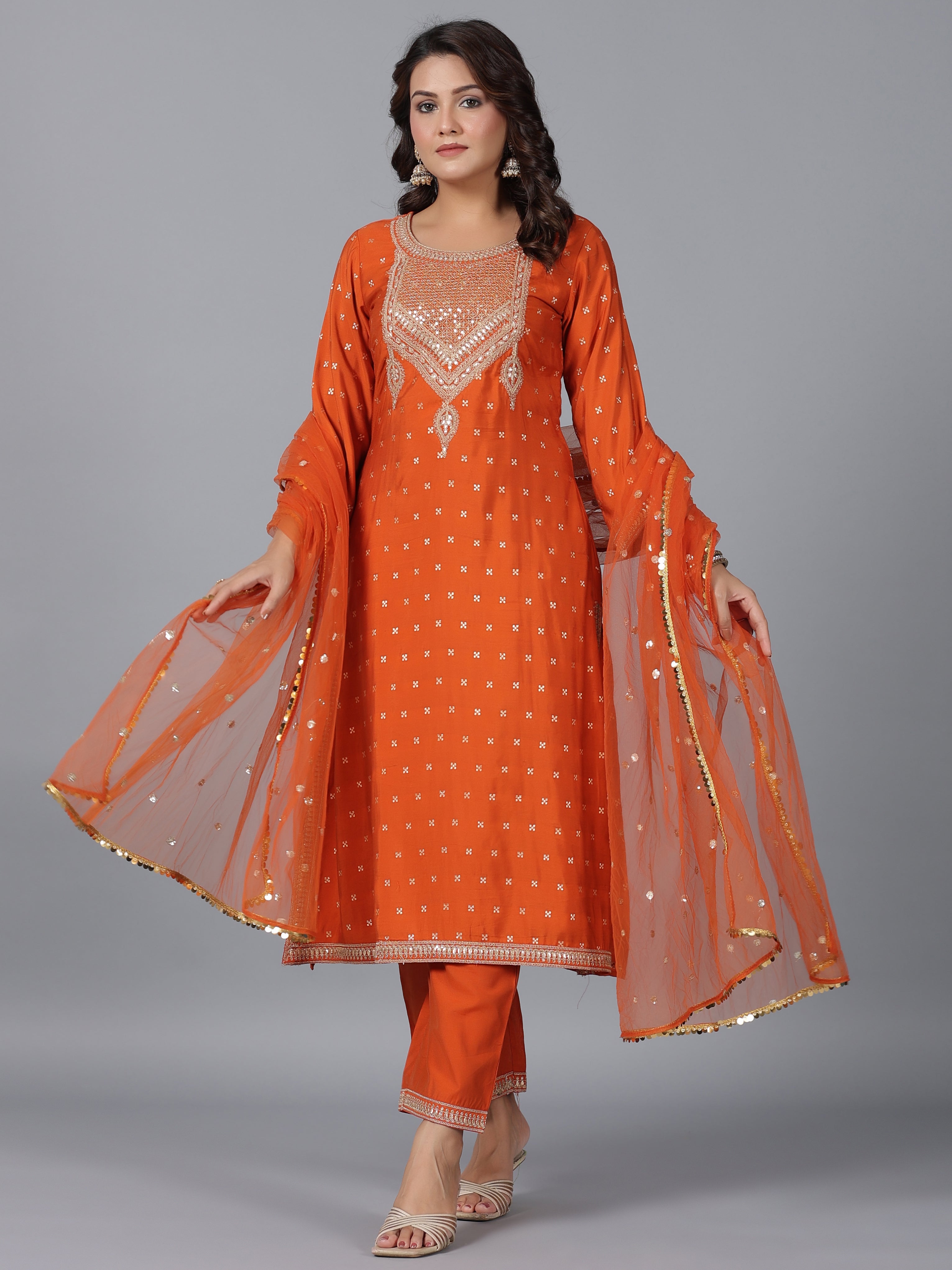 Juniper Women Orange Chanderi Embroidered Kurta, Palazzo & Dupatta Set - Distacart