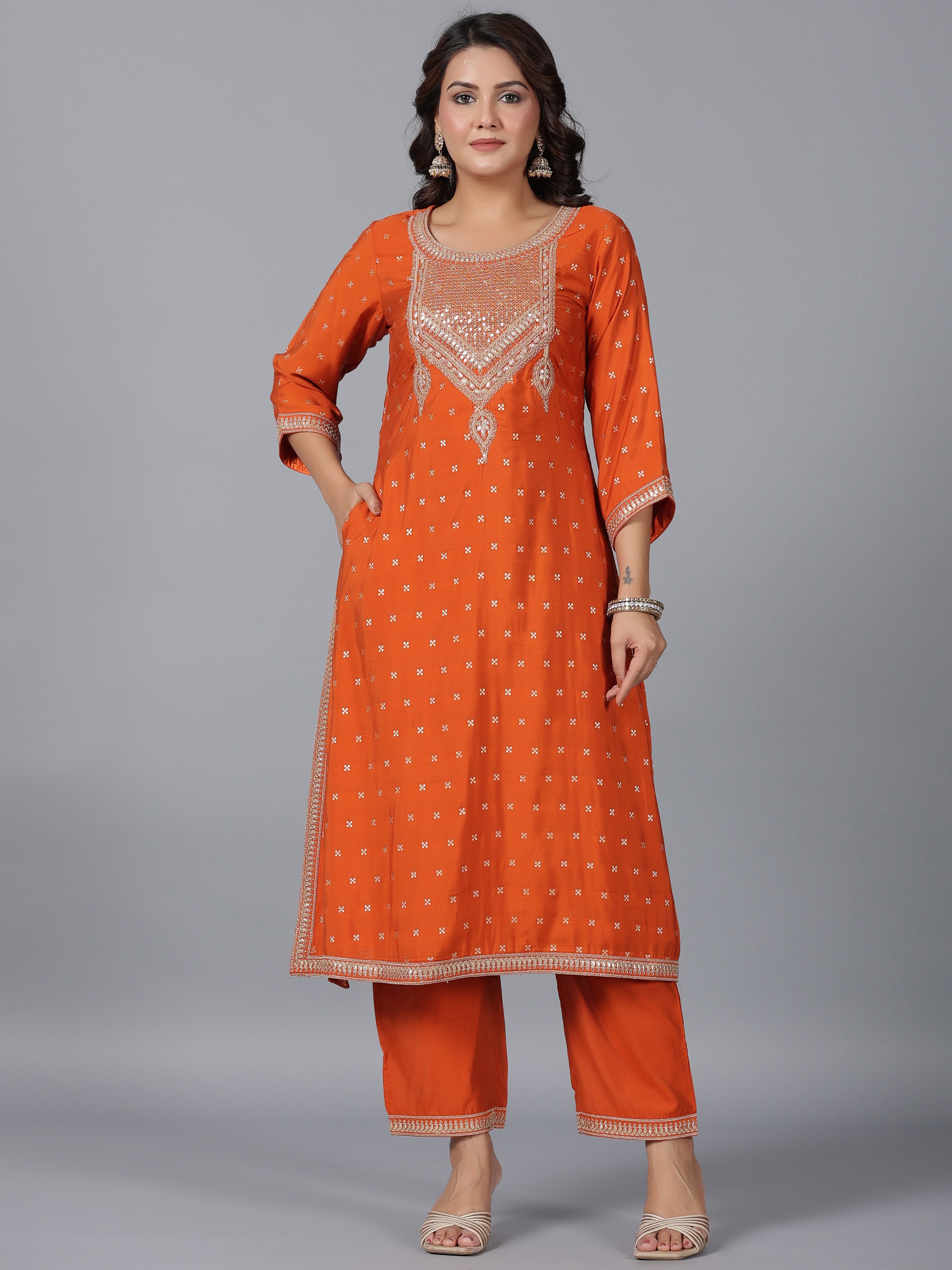 Juniper Women Orange Chanderi Embroidered Kurta, Palazzo & Dupatta Set - Distacart