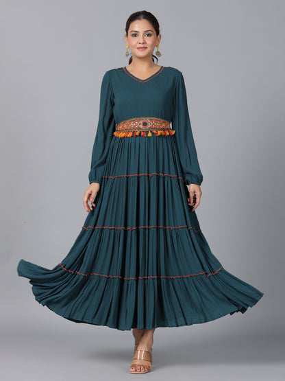 Juniper Women Bottle Green Rayon Crepe Tiered Maxi Dress - Distacart