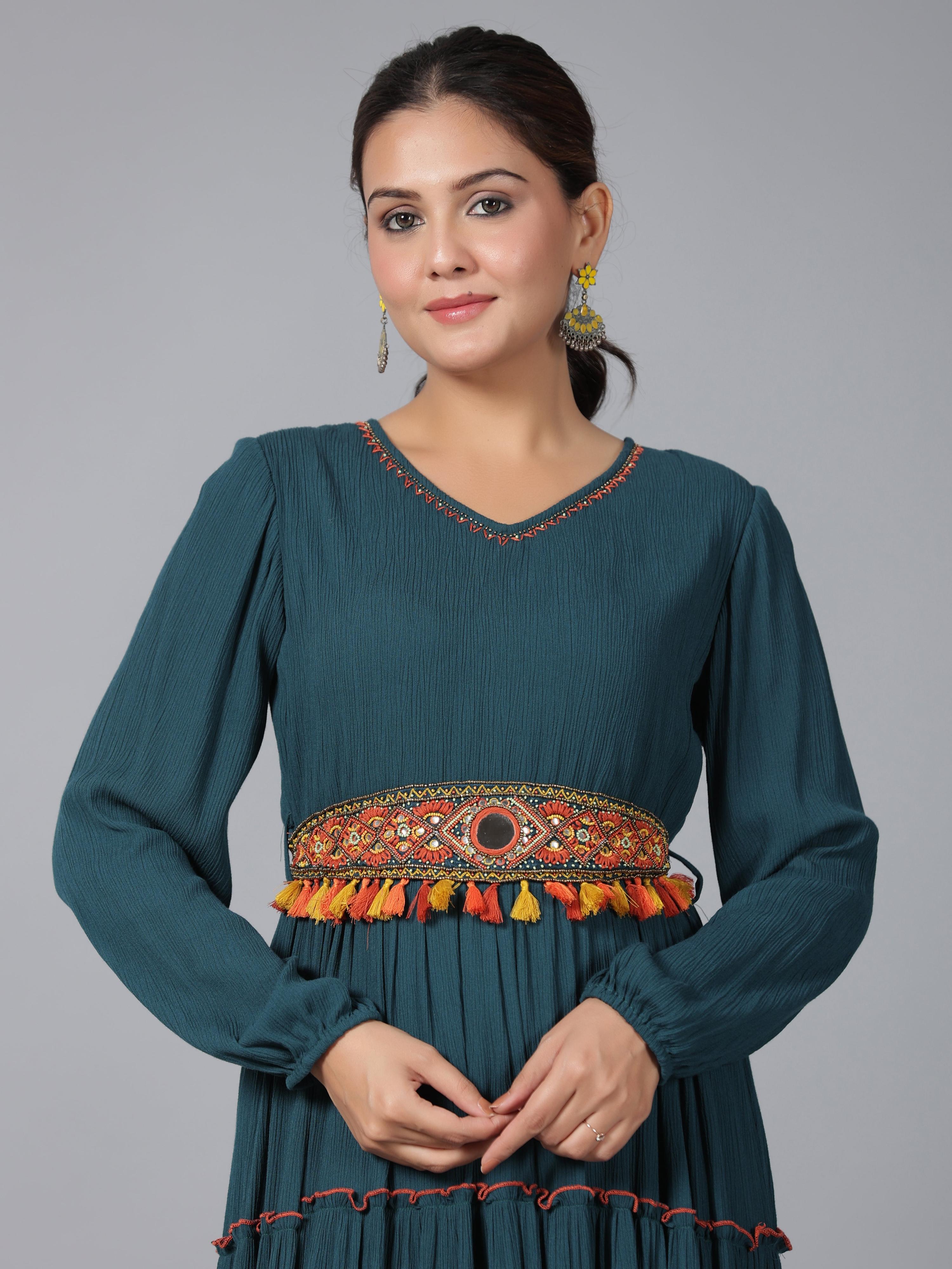Juniper Women Bottle Green Rayon Crepe Tiered Maxi Dress - Distacart