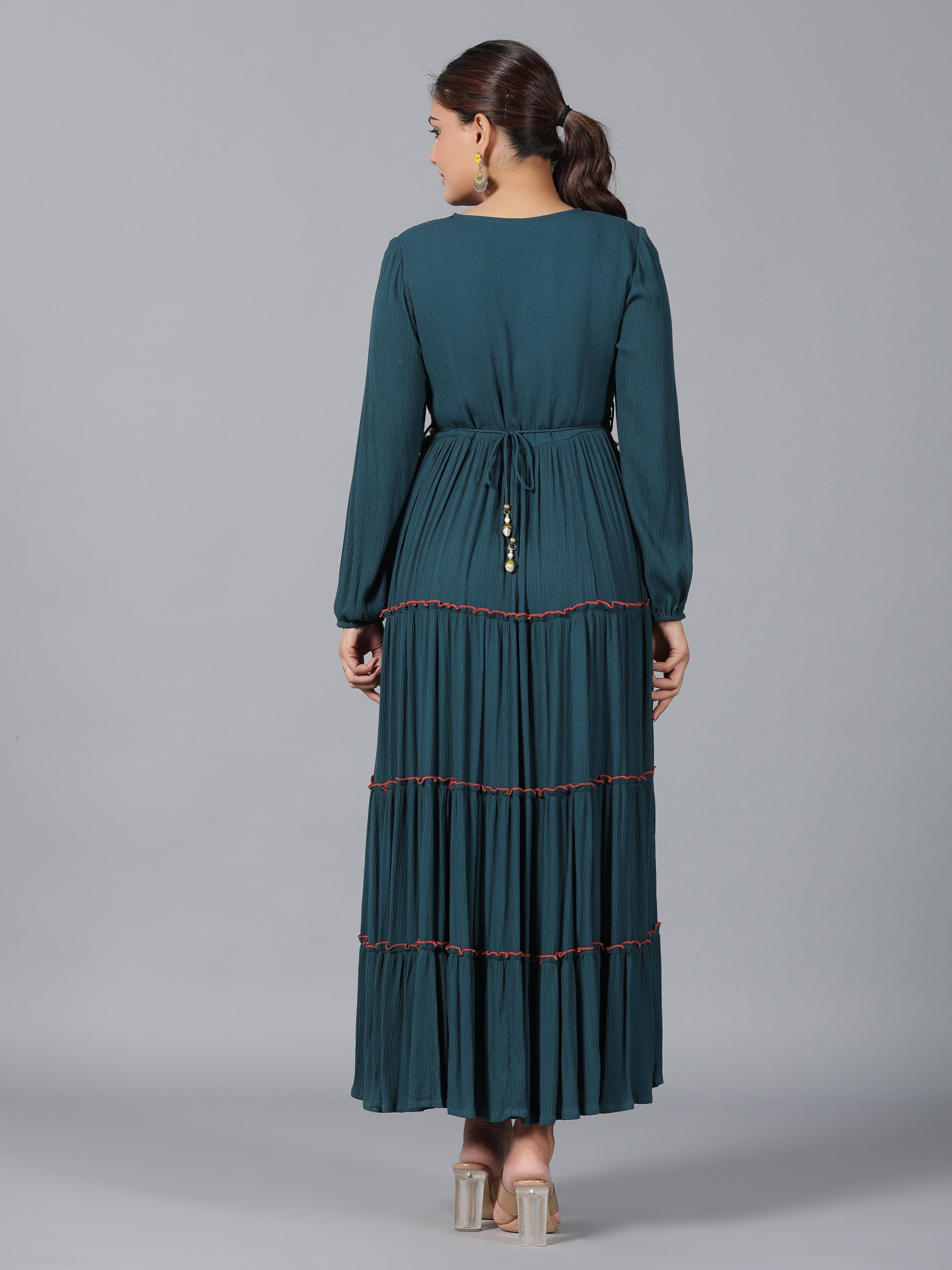 Juniper Women Bottle Green Rayon Crepe Tiered Maxi Dress - Distacart