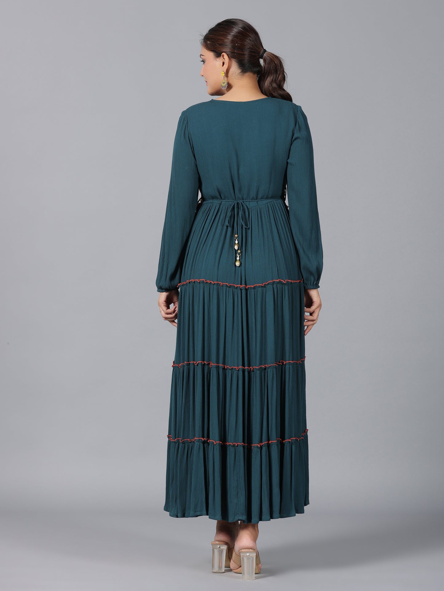 Juniper Women Bottle Green Rayon Crepe Tiered Maxi Dress - Distacart