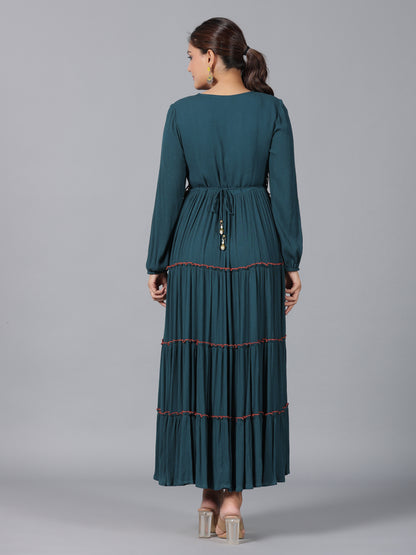 Juniper Women Bottle Green Rayon Crepe Tiered Maxi Dress - Distacart
