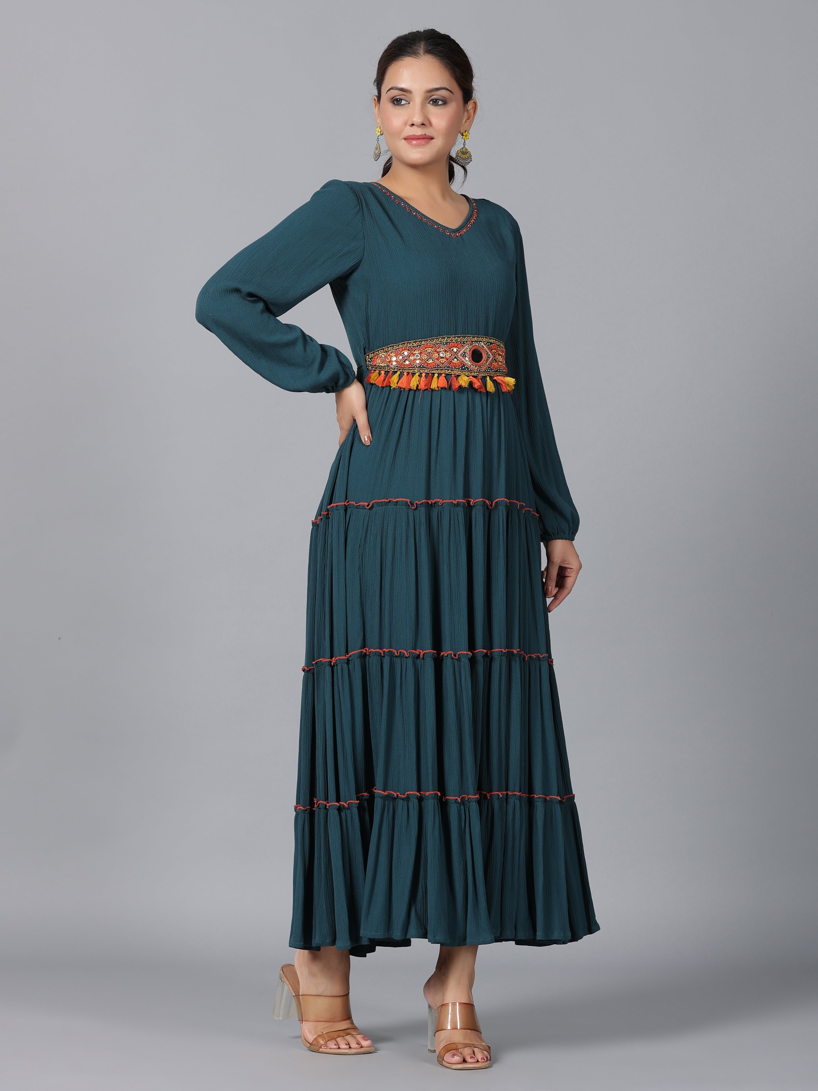 Juniper Women Bottle Green Rayon Crepe Tiered Maxi Dress - Distacart