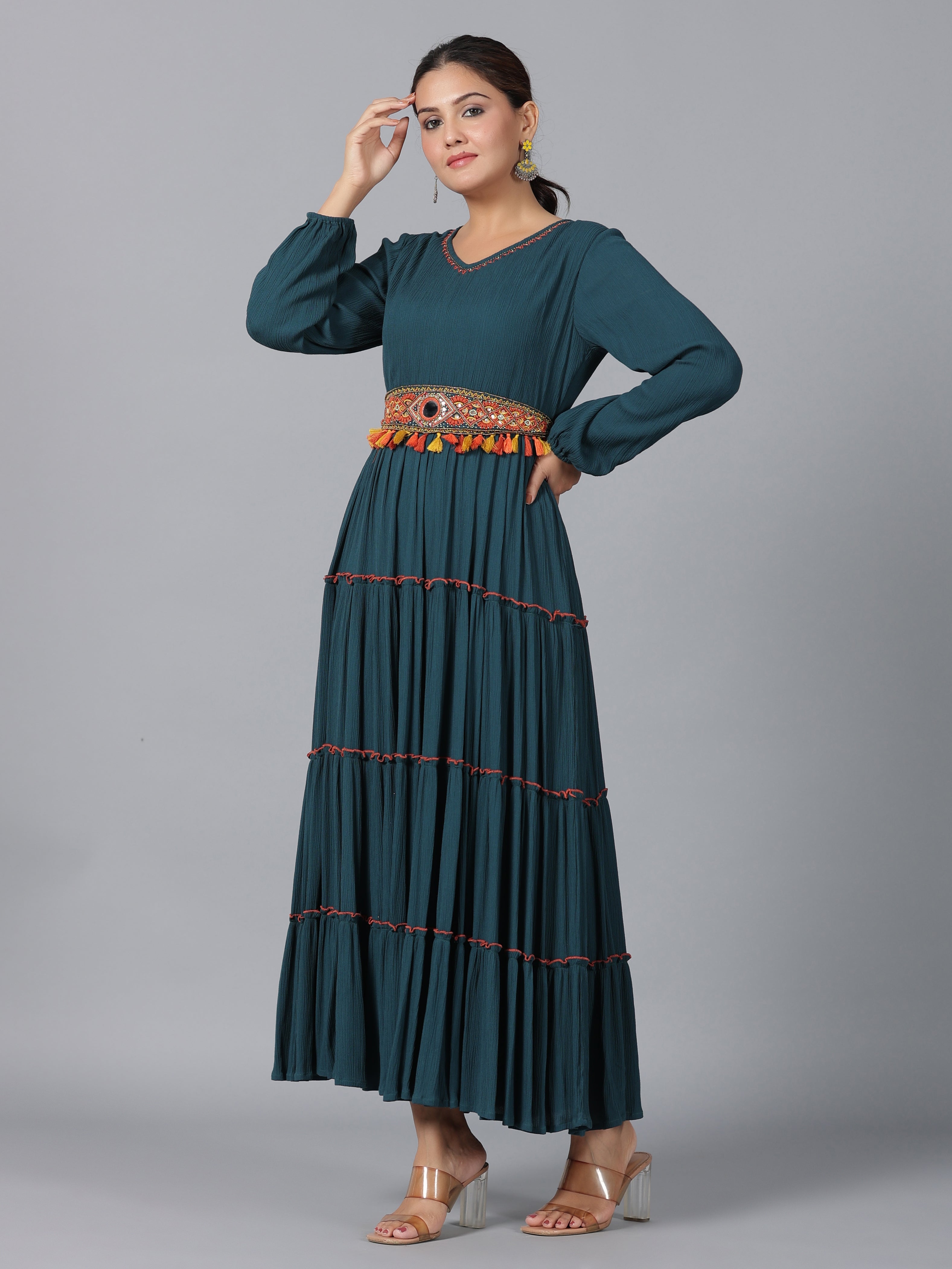 Juniper Women Bottle Green Rayon Crepe Tiered Maxi Dress - Distacart