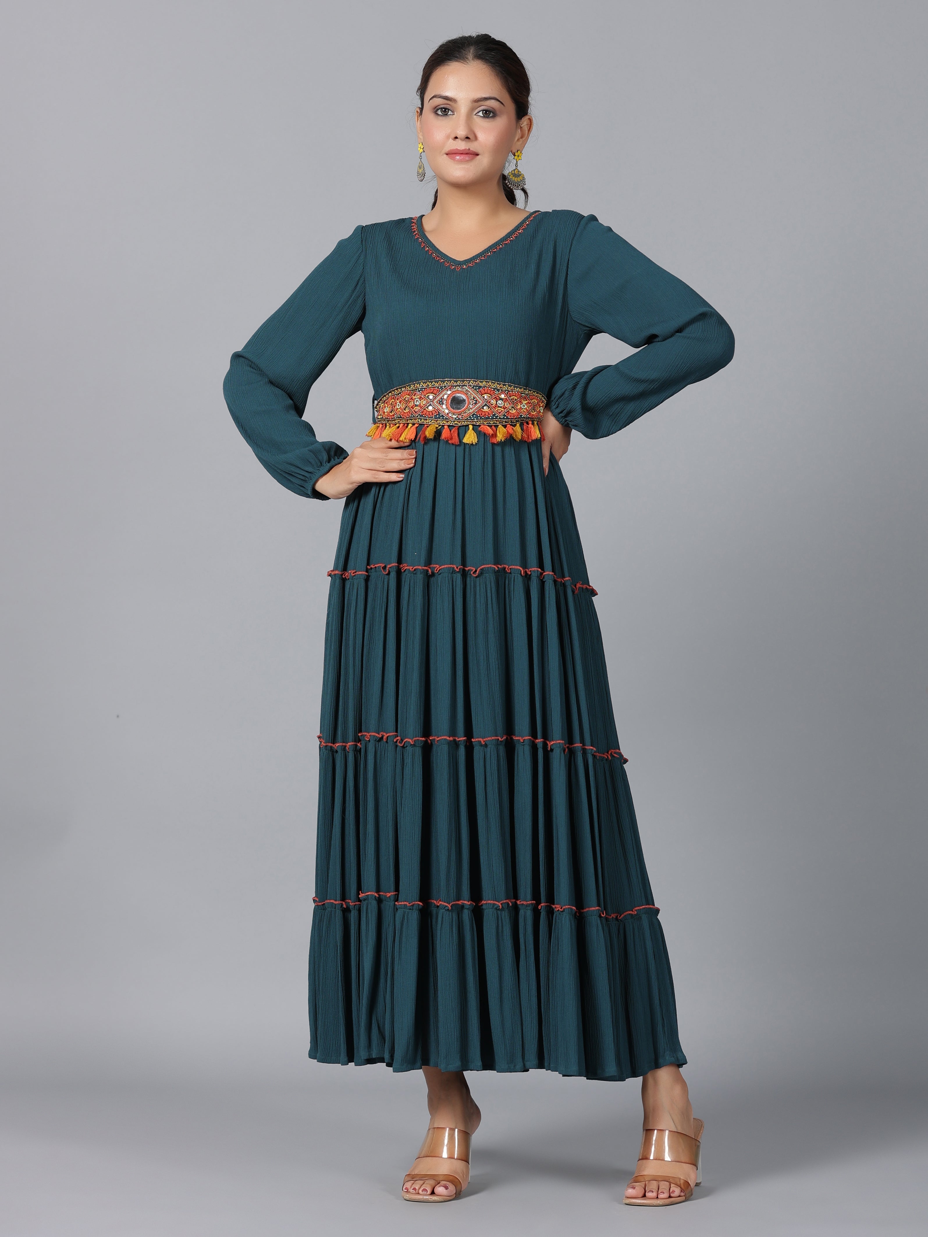 Juniper Women Bottle Green Rayon Crepe Tiered Maxi Dress - Distacart