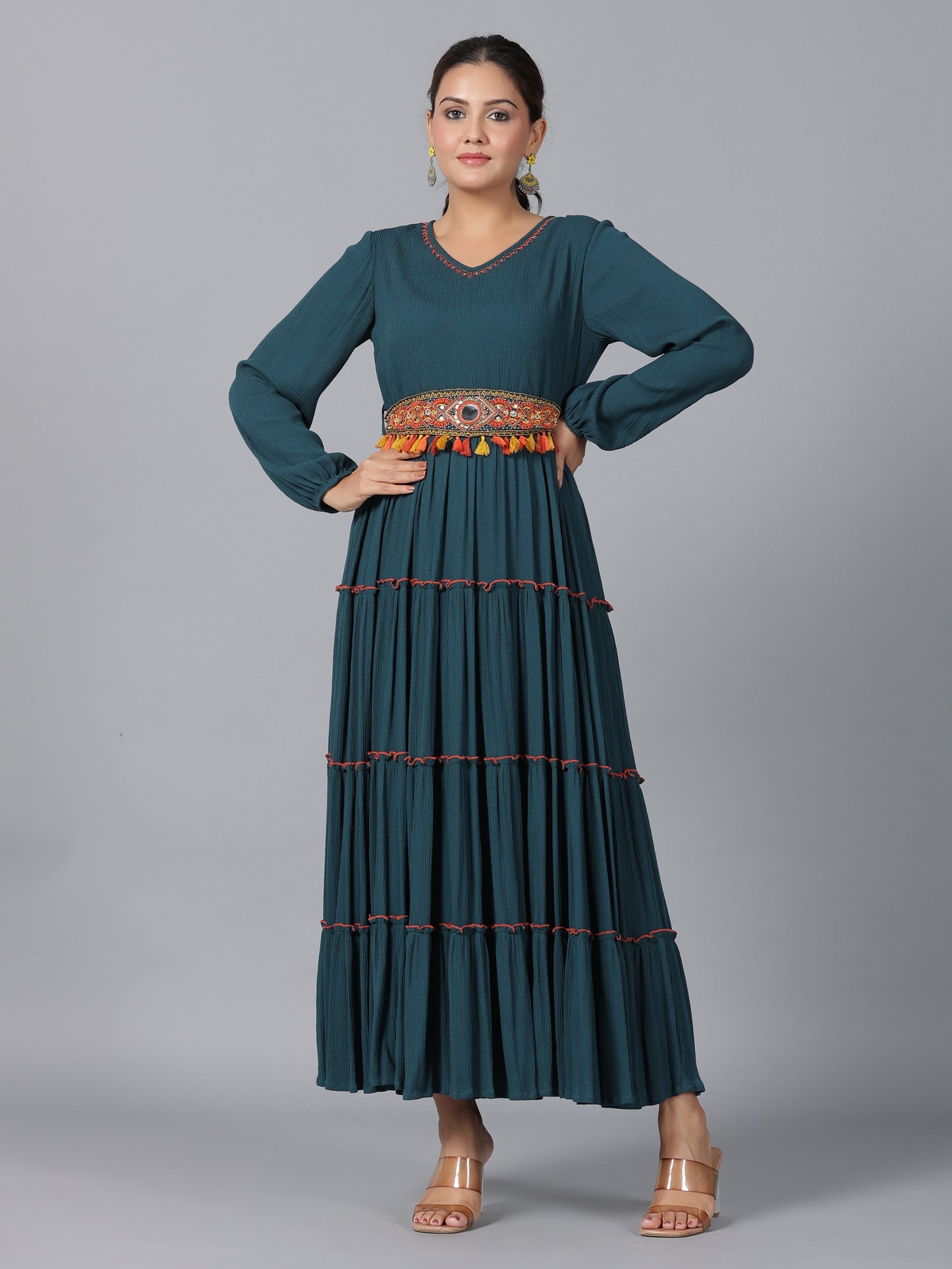 Juniper Women Bottle Green Rayon Crepe Tiered Maxi Dress - Distacart