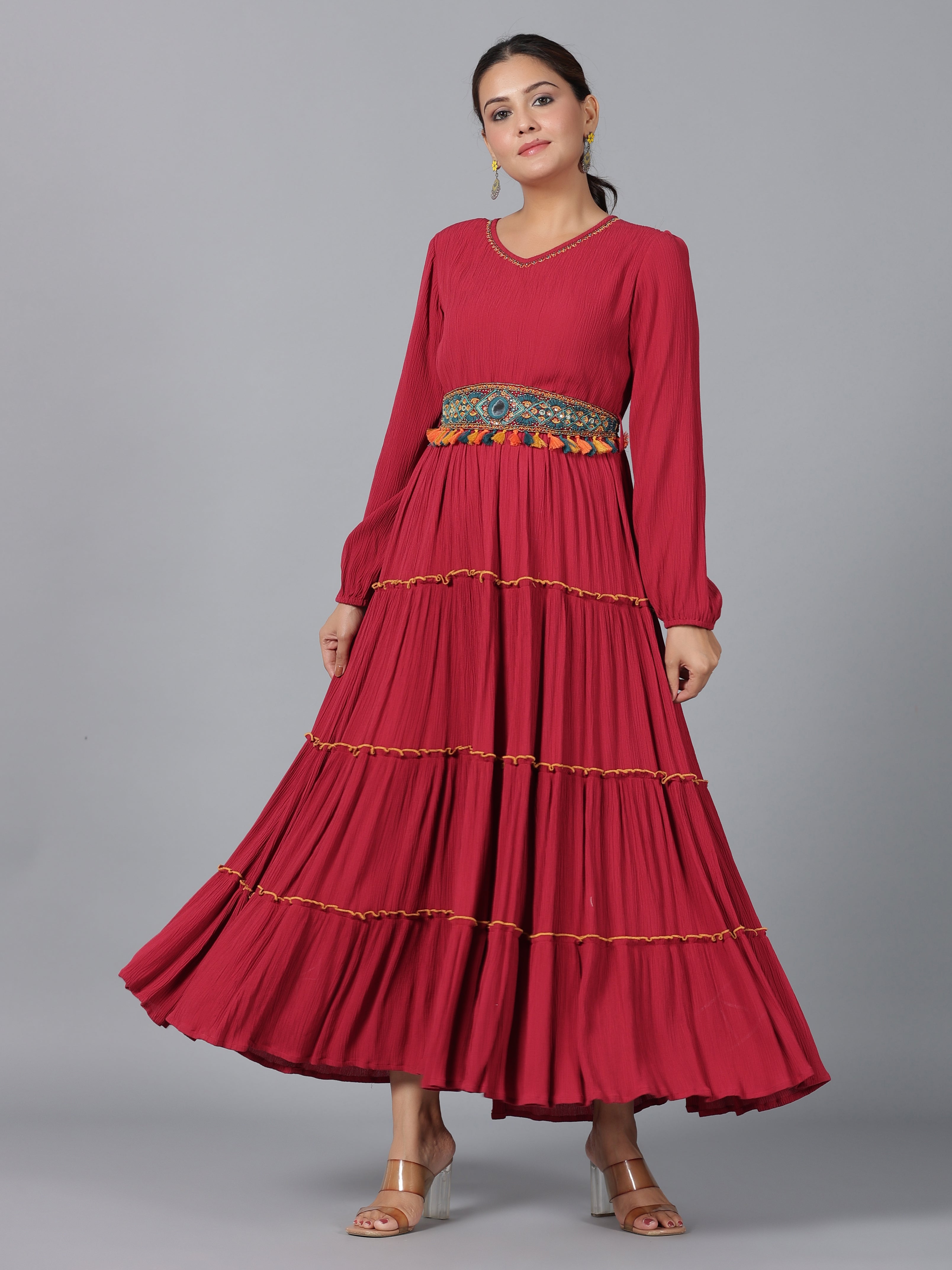 Juniper Women Maroon Rayon Crepe Tiered Maxi Dress - Distacart
