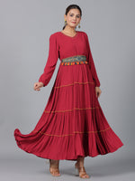 Thumbnail for Juniper Women Maroon Rayon Crepe Tiered Maxi Dress - Distacart