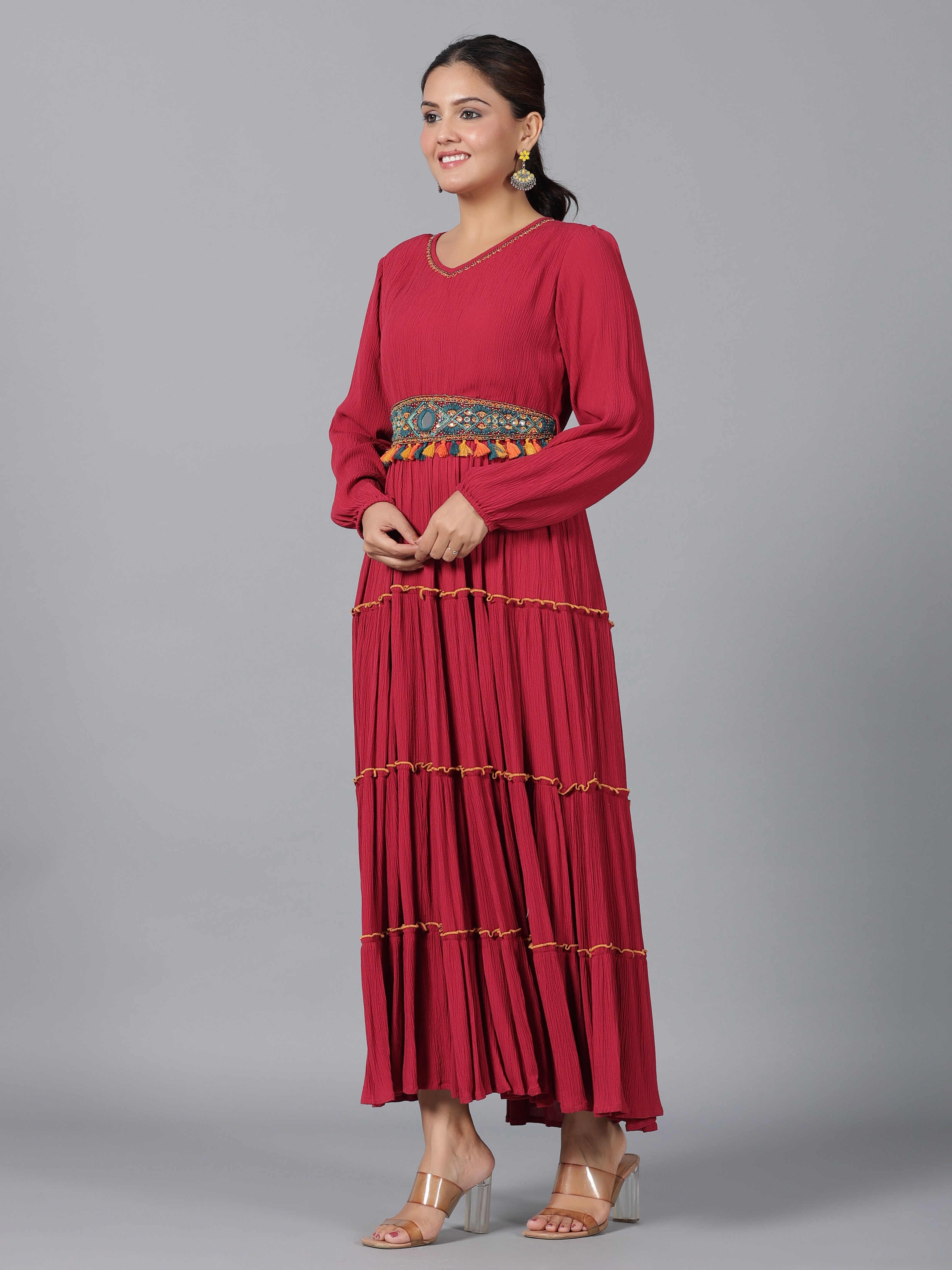 Juniper Women Maroon Rayon Crepe Tiered Maxi Dress - Distacart