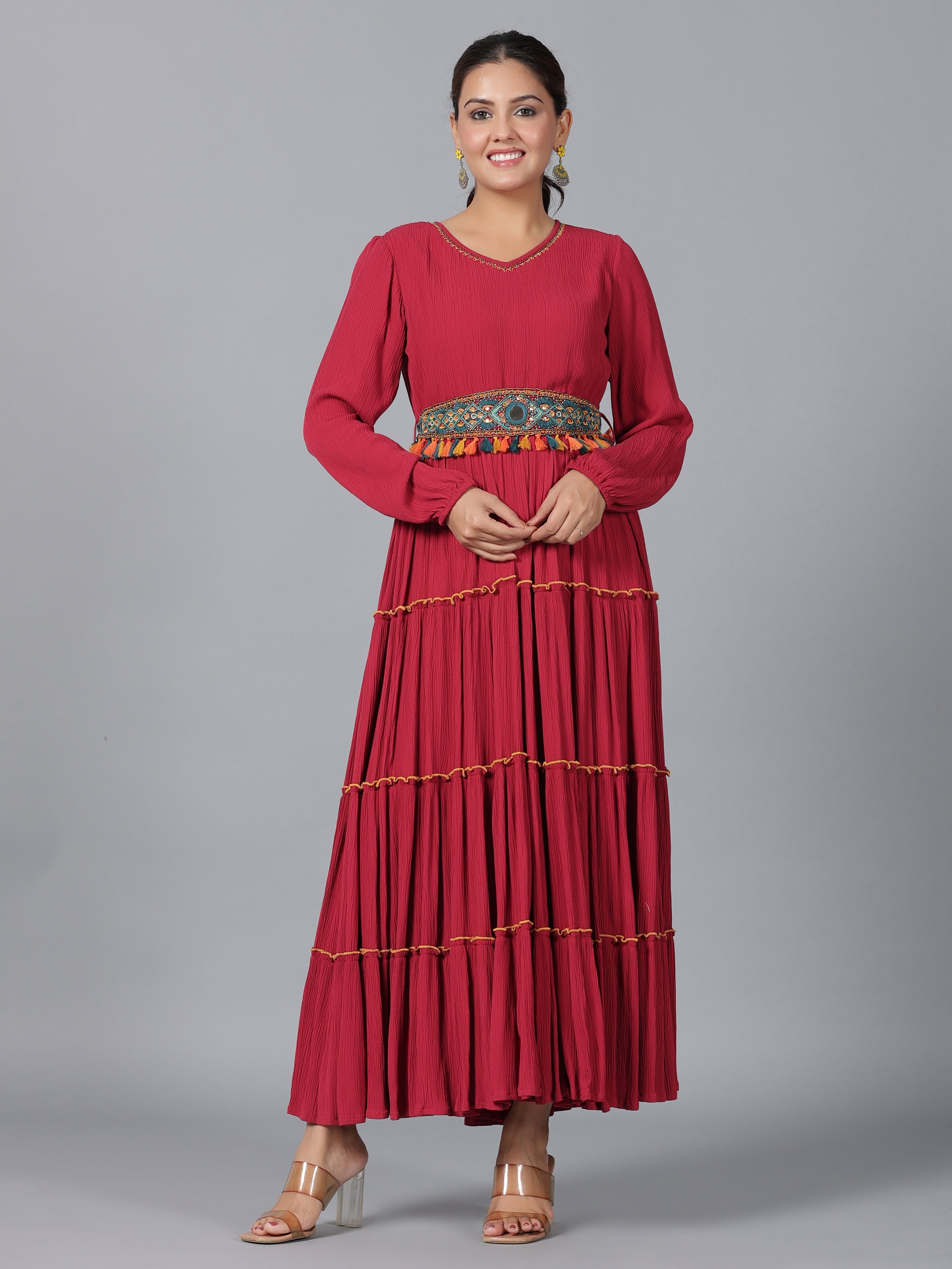 Juniper Women Maroon Rayon Crepe Tiered Maxi Dress - Distacart