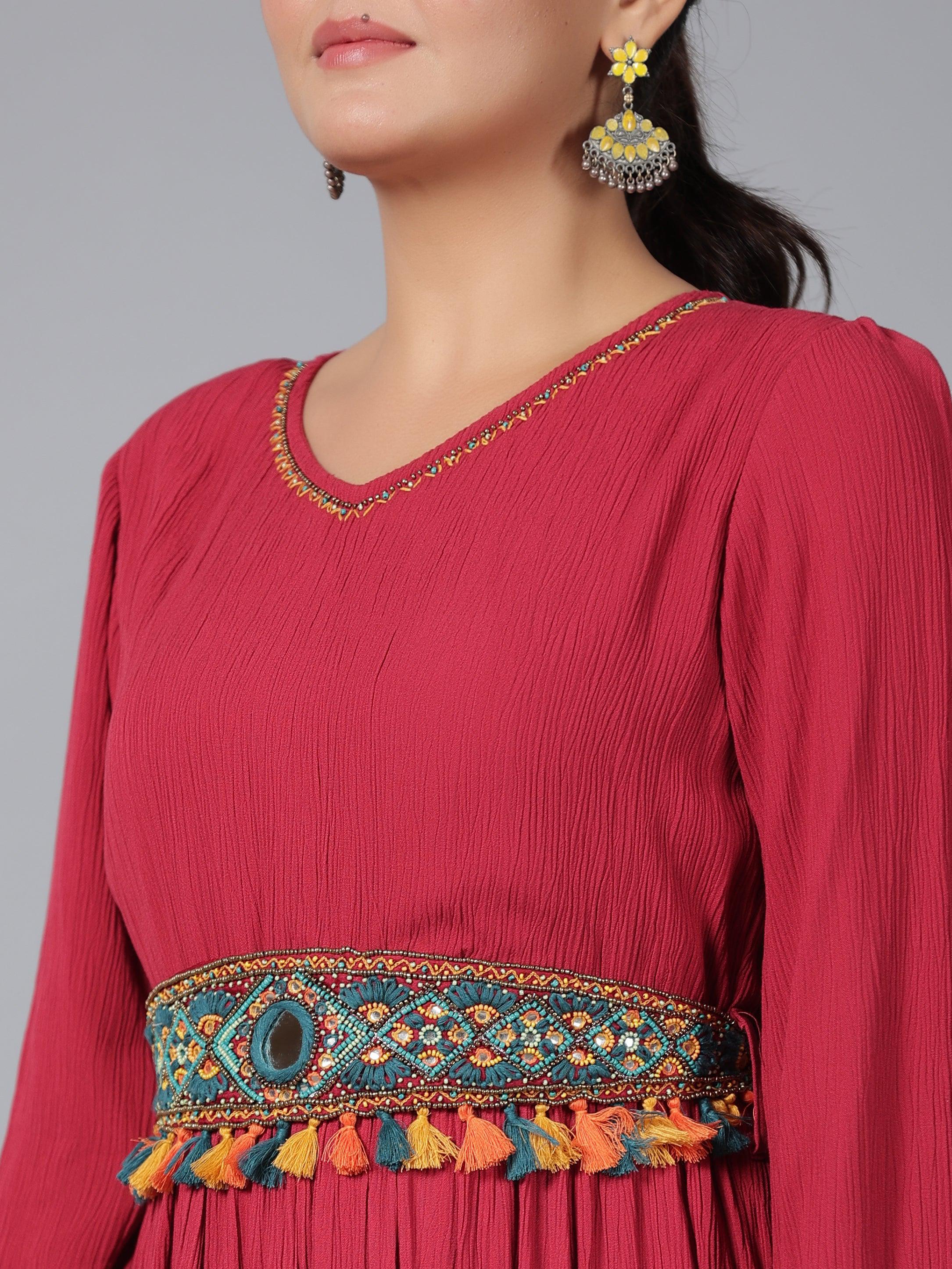 Juniper Women Maroon Rayon Crepe Tiered Maxi Dress - Distacart