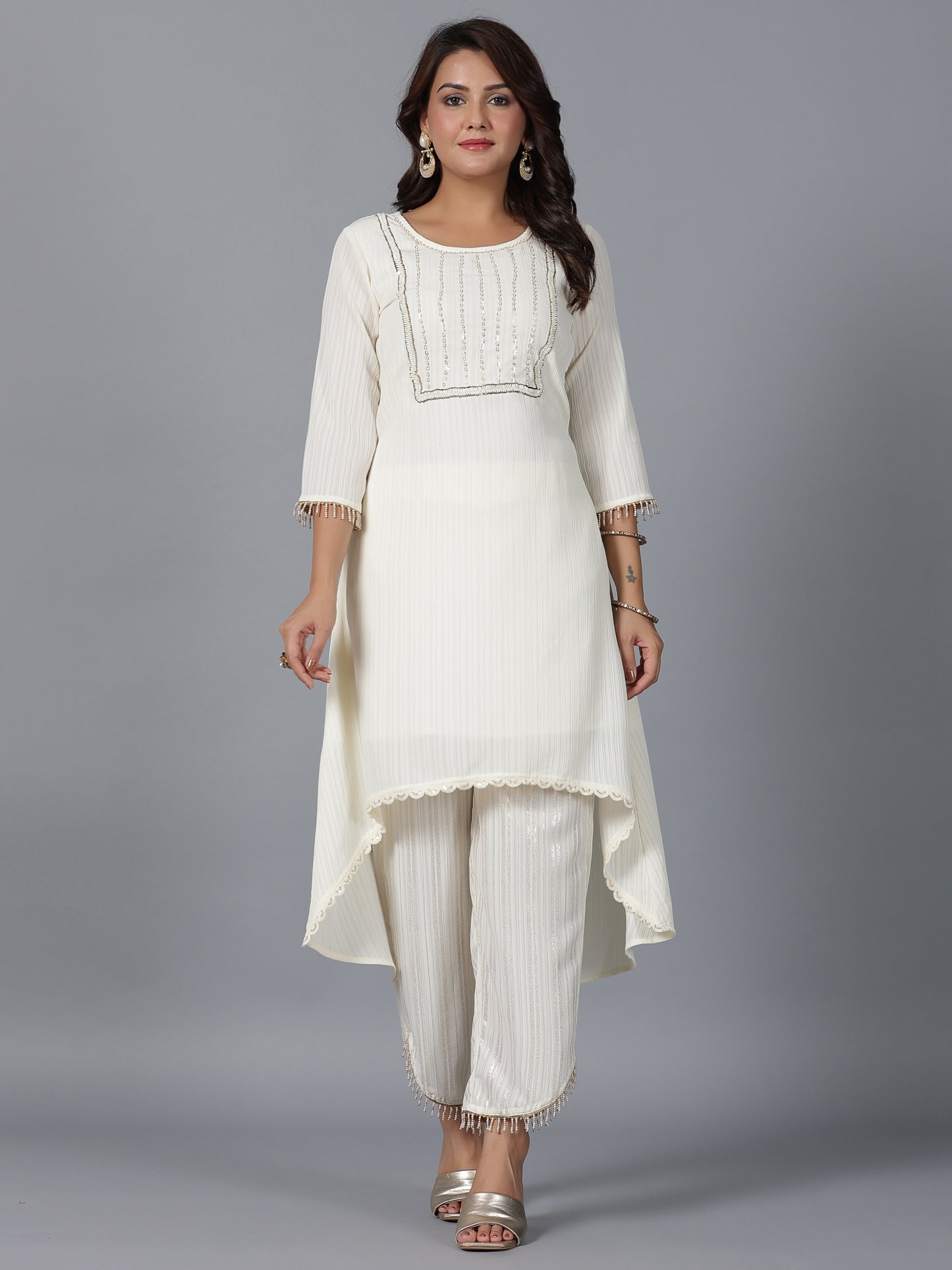 Juniper Women Ivory Magnus Embellished High-Low Kurta and Pants Set - Distacart