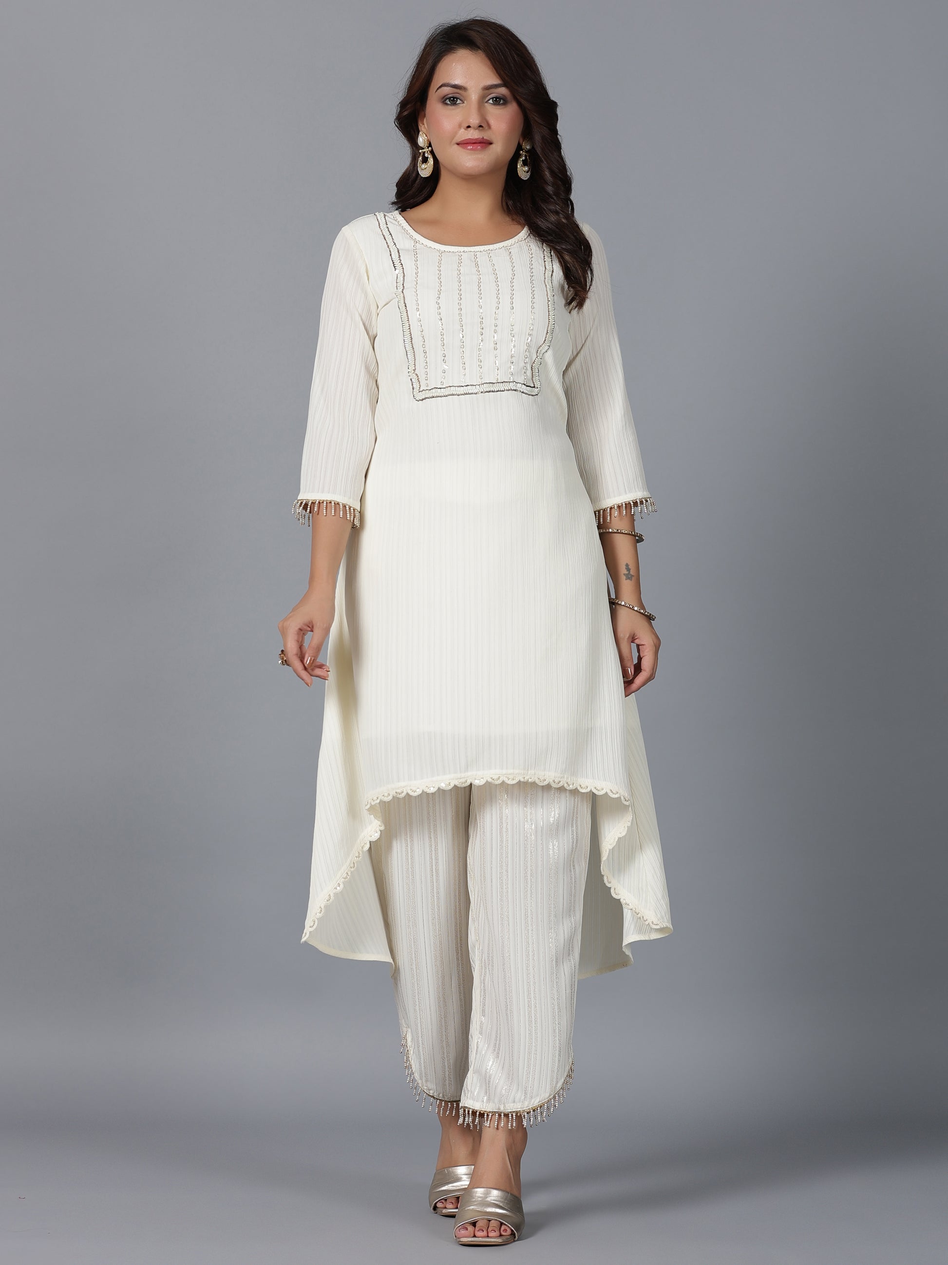 Juniper Women Ivory Magnus Embellished High-Low Kurta and Pants Set - Distacart