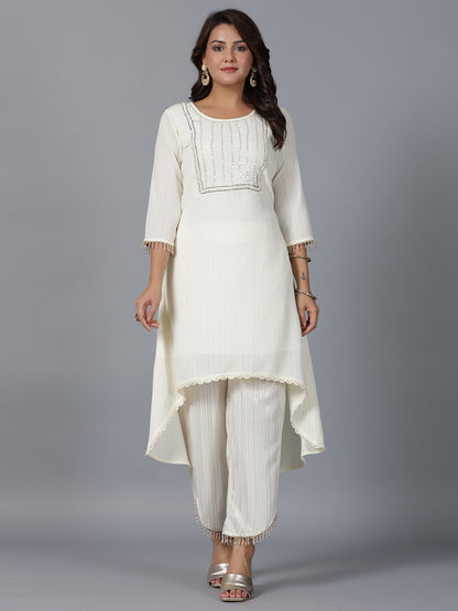 Juniper Women Ivory Magnus Embellished High-Low Kurta and Pants Set - Distacart