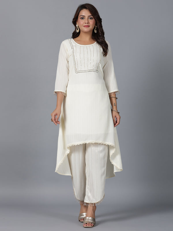 Juniper Women Ivory Magnus Embellished High-Low Kurta and Pants Set - Distacart