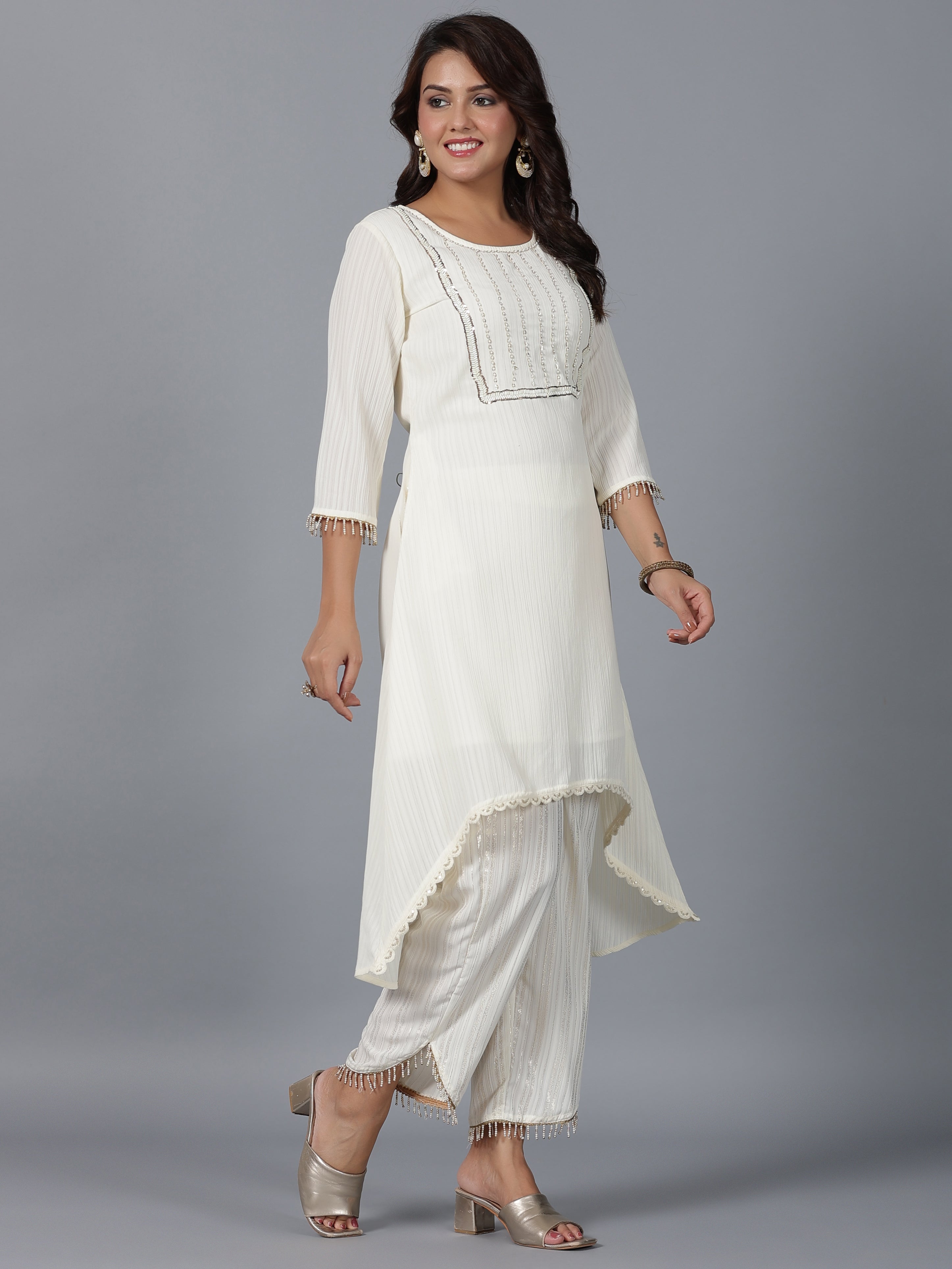 Juniper Women Ivory Magnus Embellished High-Low Kurta and Pants Set - Distacart
