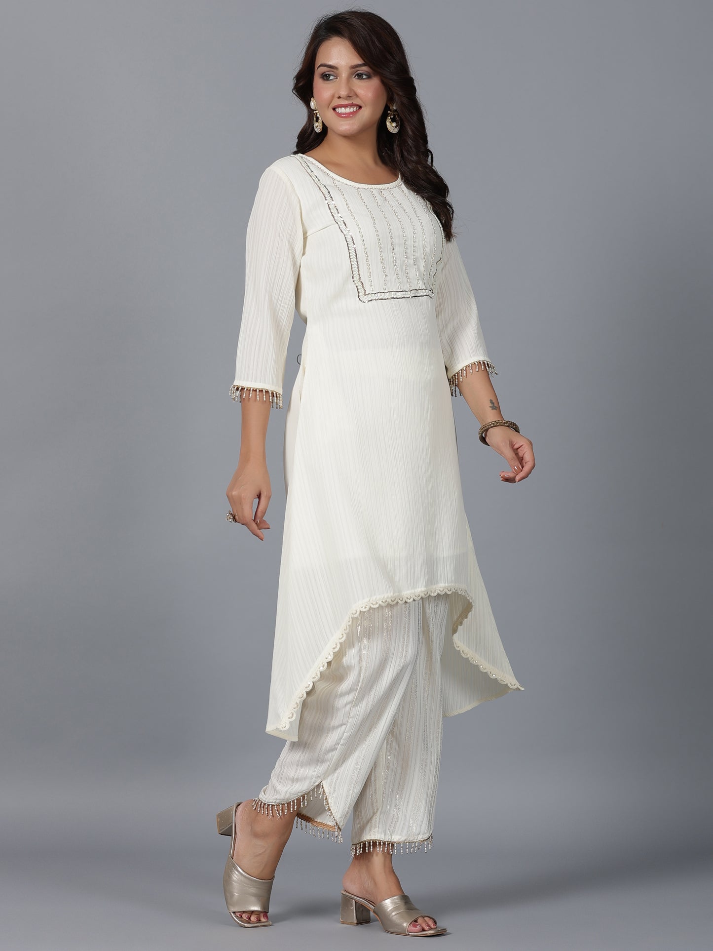 Juniper Women Ivory Magnus Embellished High-Low Kurta and Pants Set - Distacart