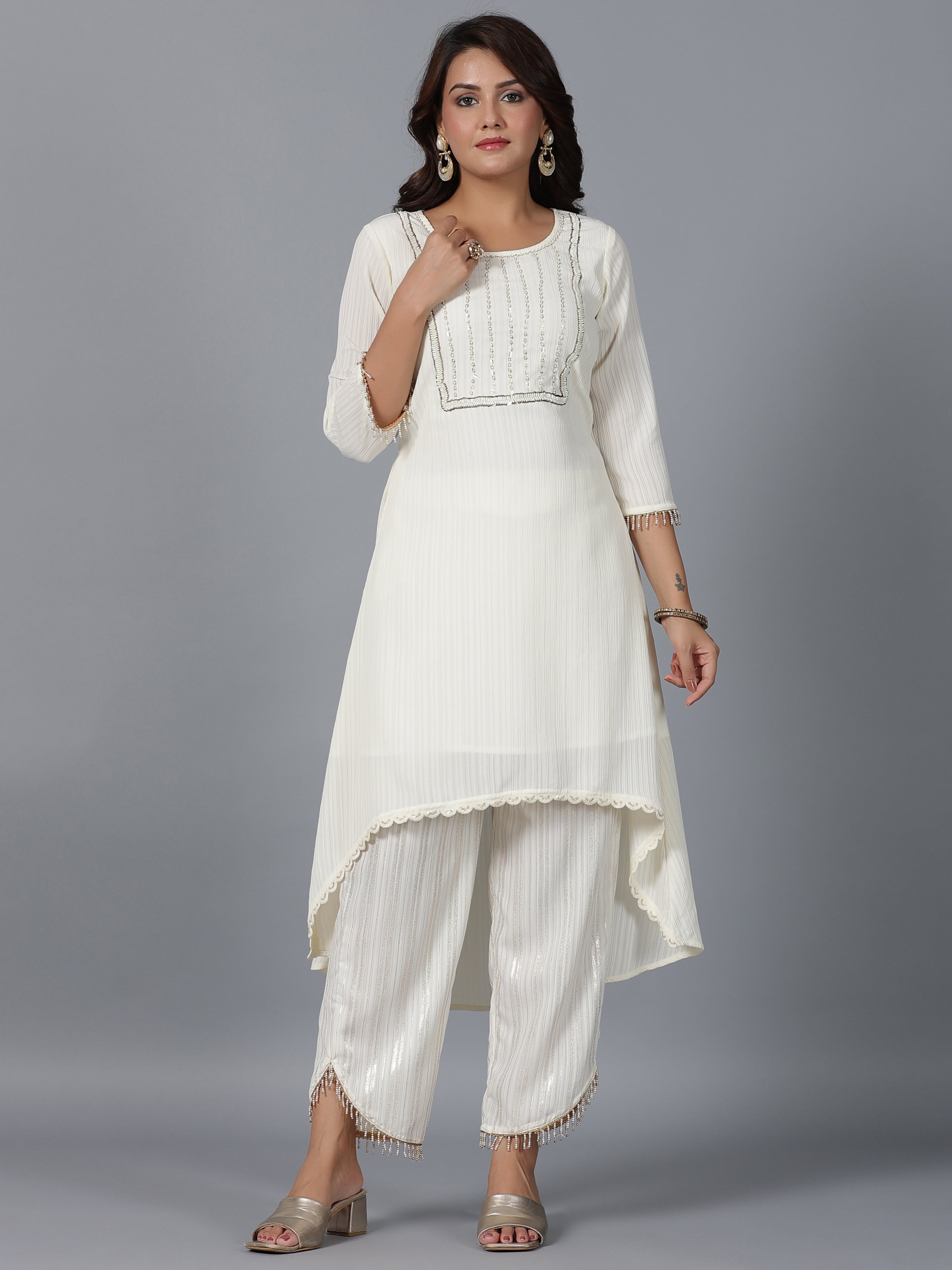 Juniper Women Ivory Magnus Embellished High-Low Kurta and Pants Set - Distacart