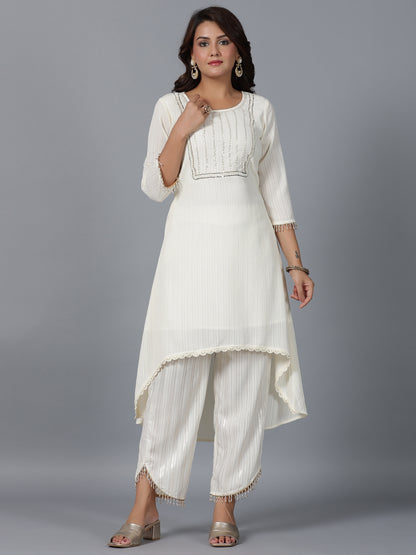 Juniper Women Ivory Magnus Embellished High-Low Kurta and Pants Set - Distacart