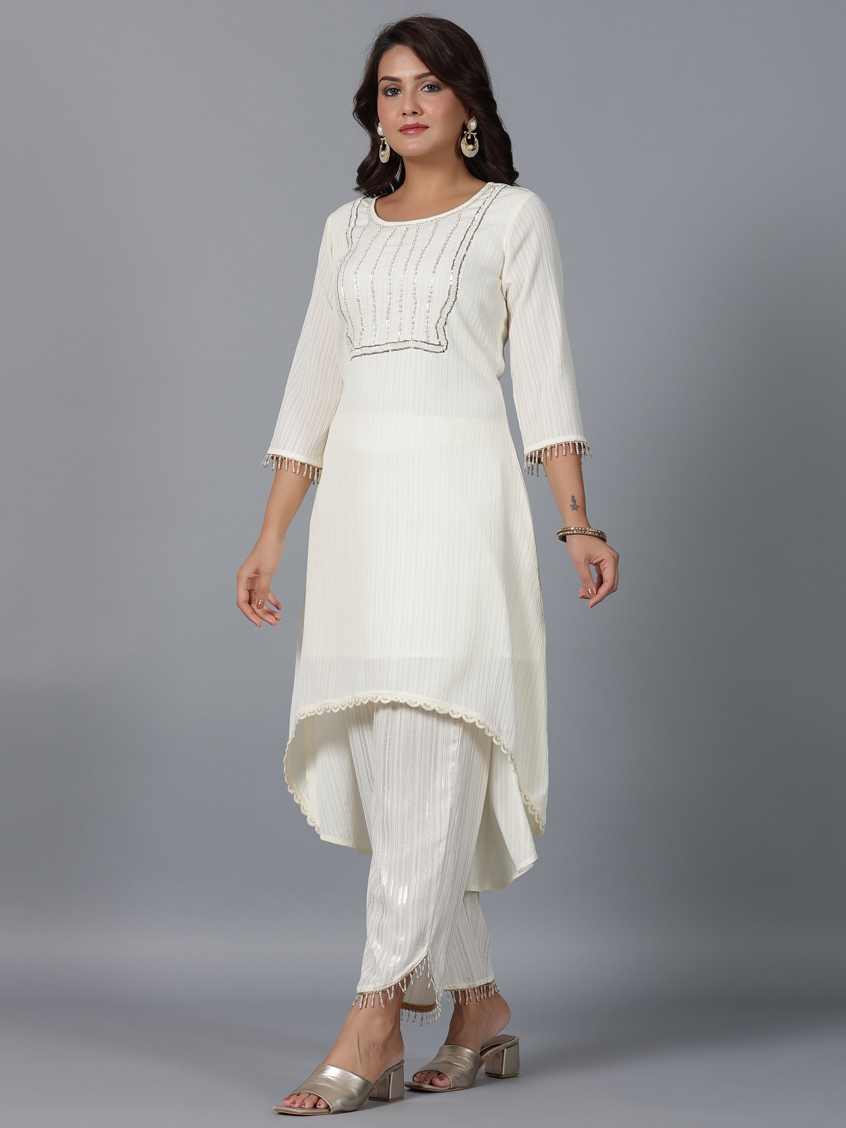 Juniper Women Ivory Magnus Embellished High-Low Kurta and Pants Set - Distacart