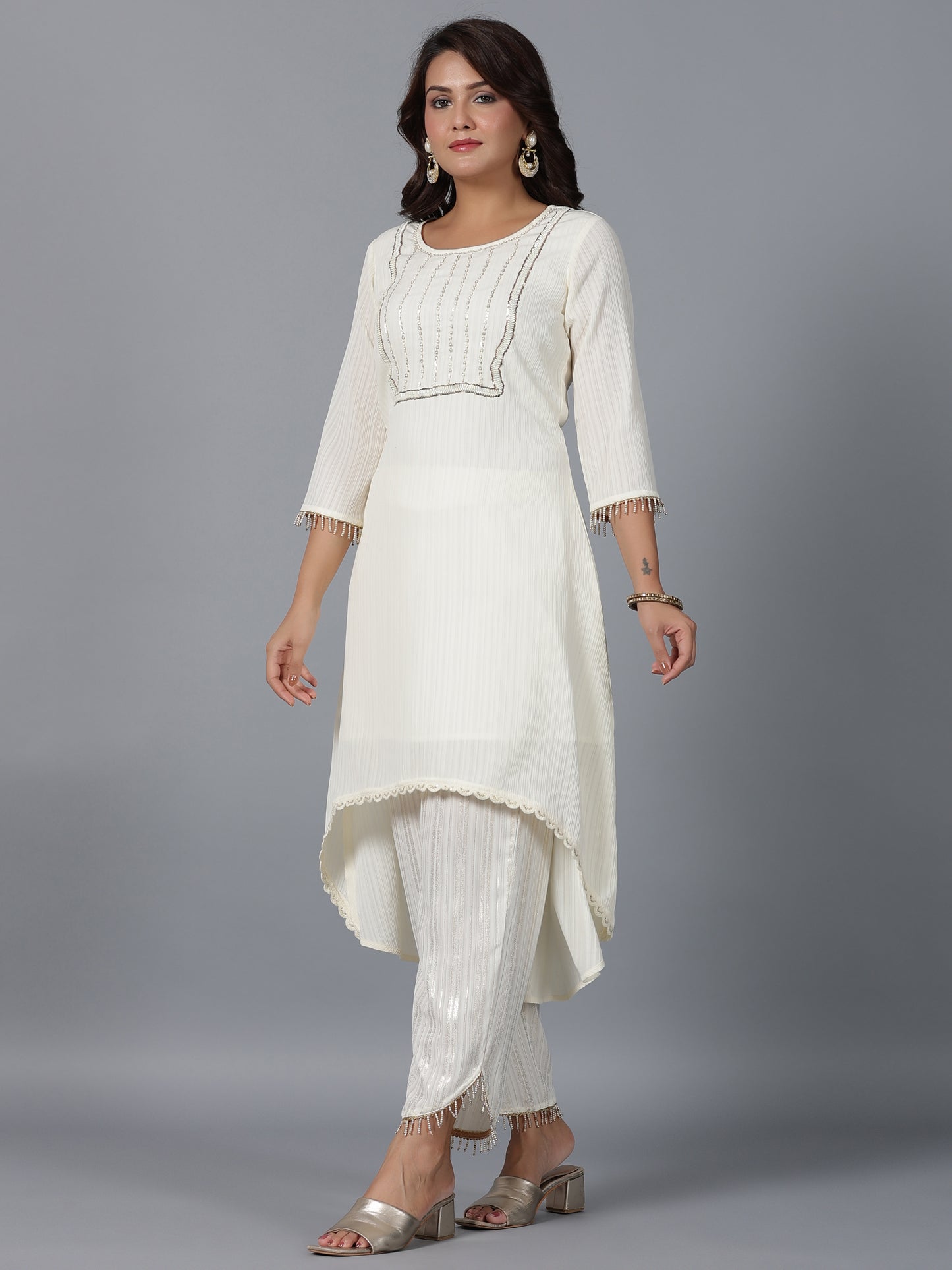 Juniper Women Ivory Magnus Embellished High-Low Kurta and Pants Set - Distacart