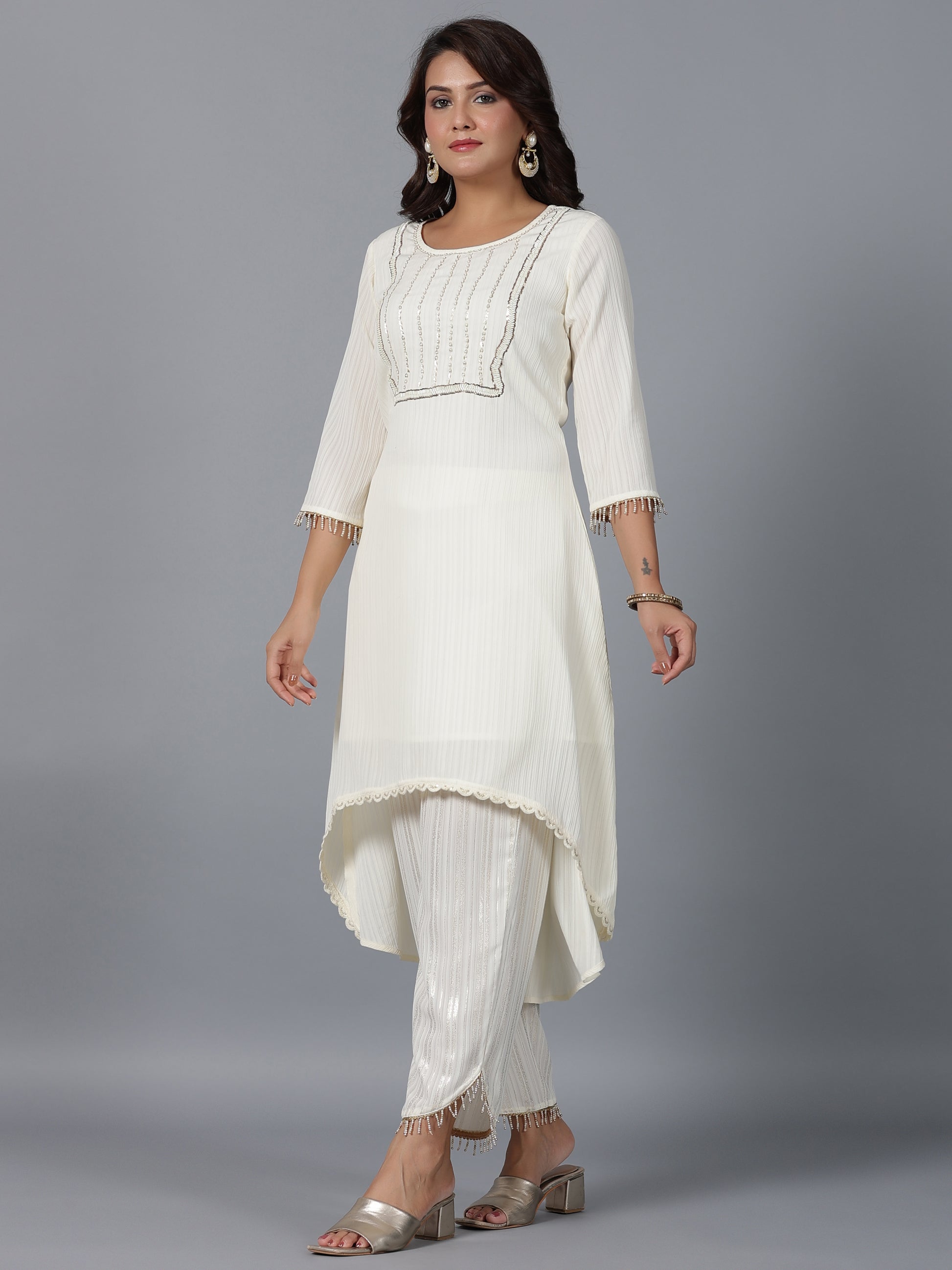 Juniper Women Ivory Magnus Embellished High-Low Kurta and Pants Set - Distacart