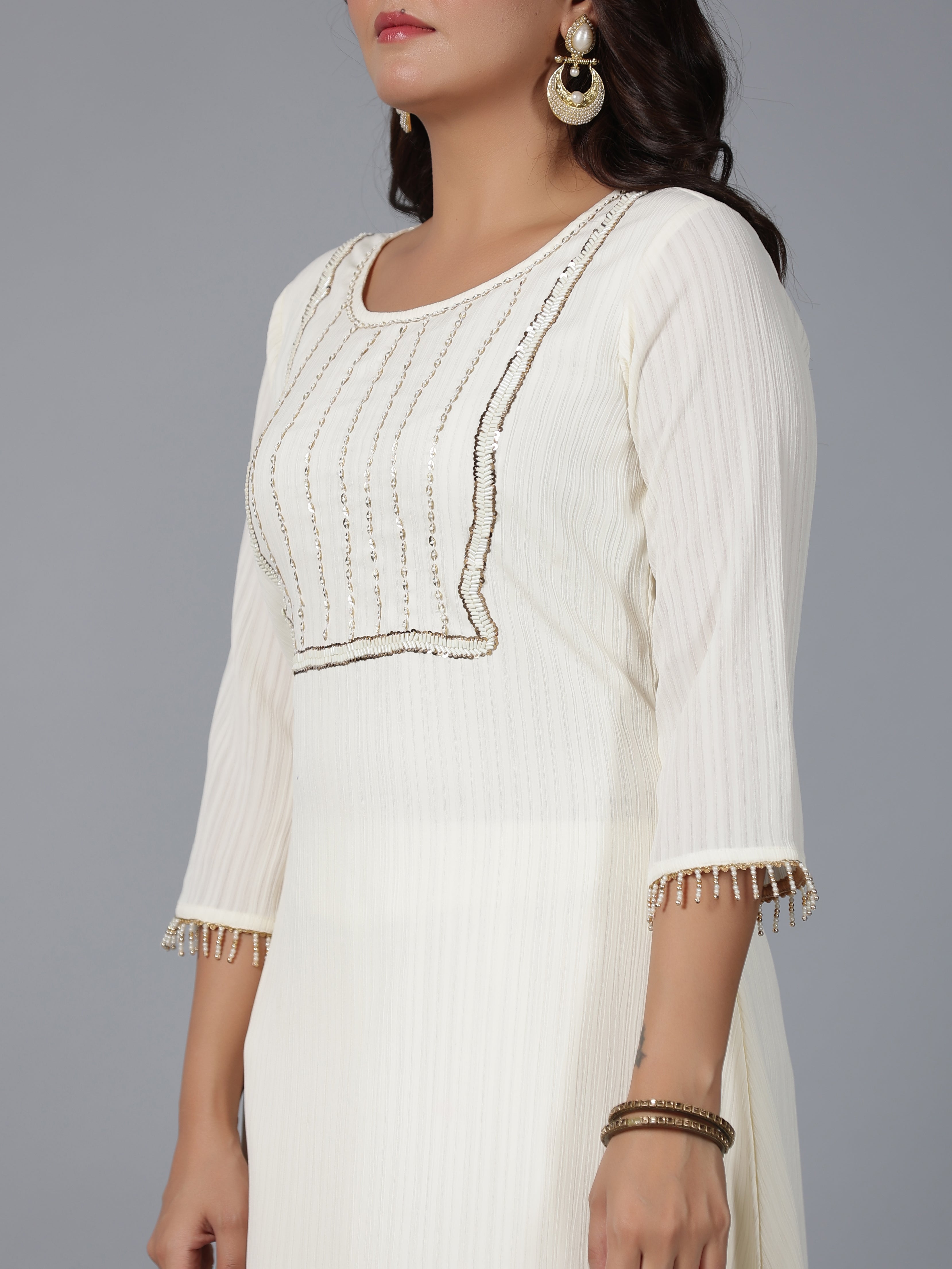 Juniper Women Ivory Magnus Embellished High-Low Kurta and Pants Set - Distacart