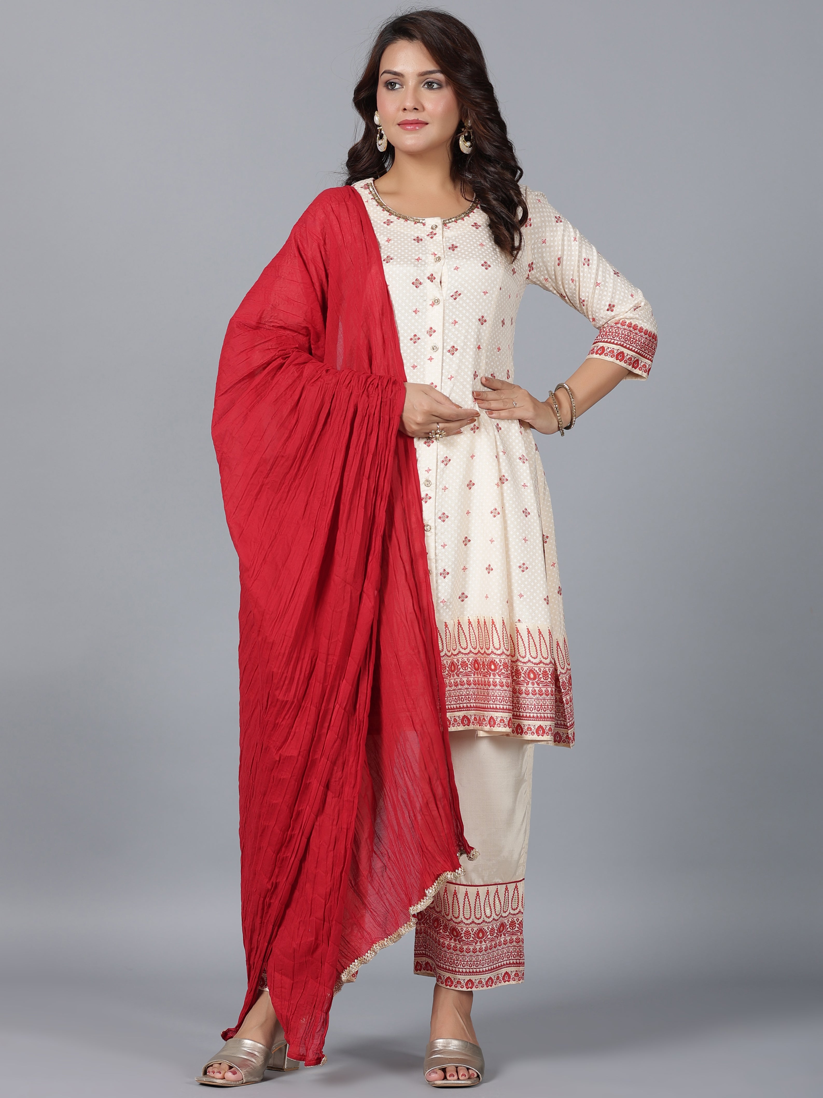 Juniper Women Beige Viscose Shantoon Printed Kurta, Pants & Dupatta Set - Distacart