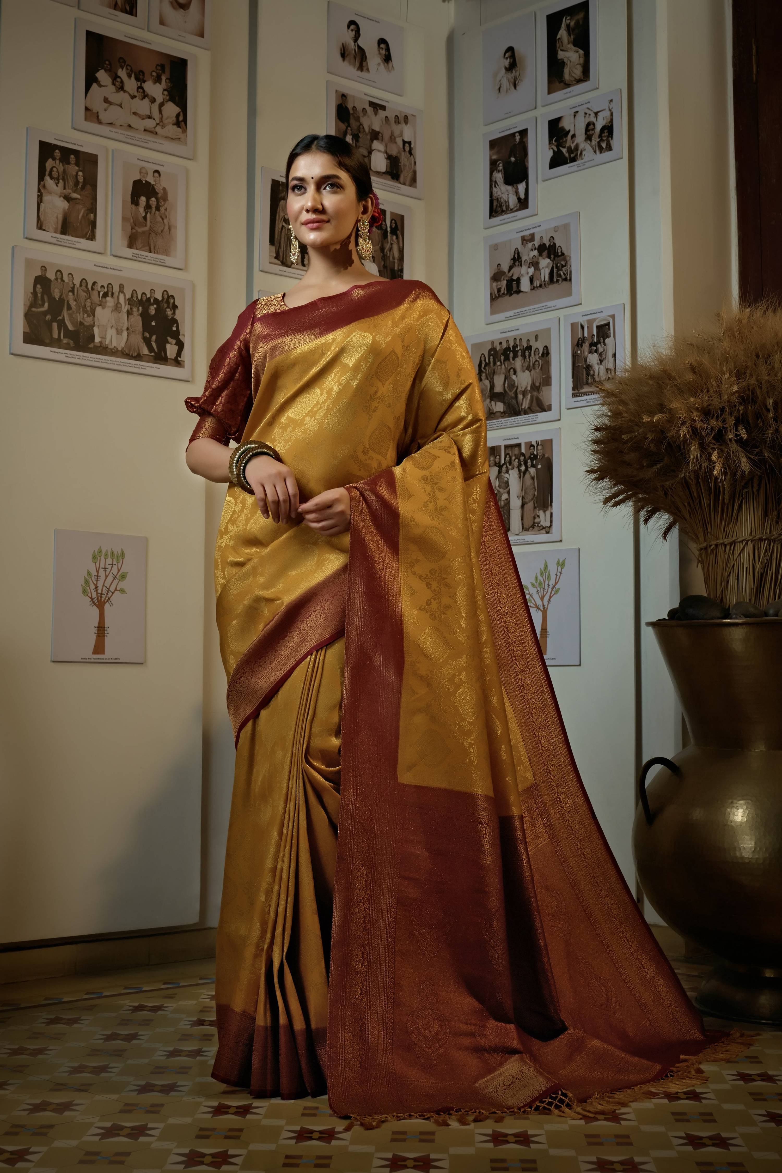 Vardha Mustard Yellow Golden Zari Kanjeevaram Silk Saree