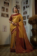 Thumbnail for Vardha Mustard Yellow Golden Zari Kanjeevaram Silk Saree