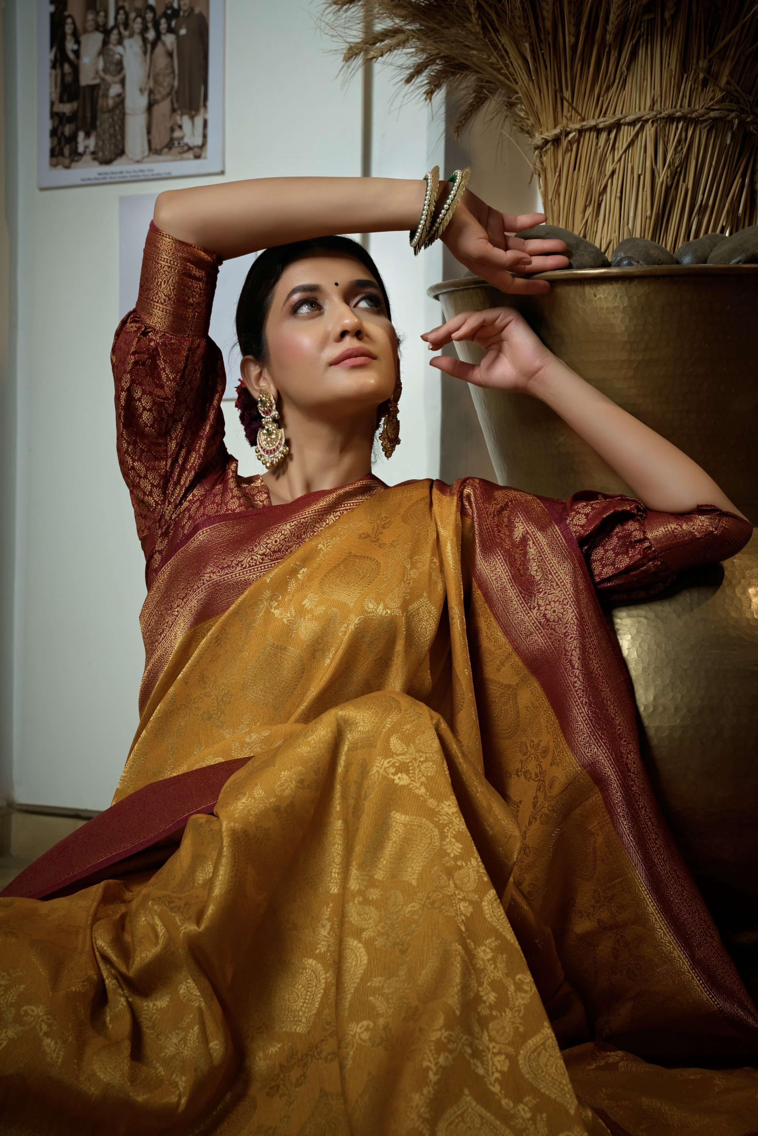 Vardha Mustard Yellow Golden Zari Kanjeevaram Silk Saree