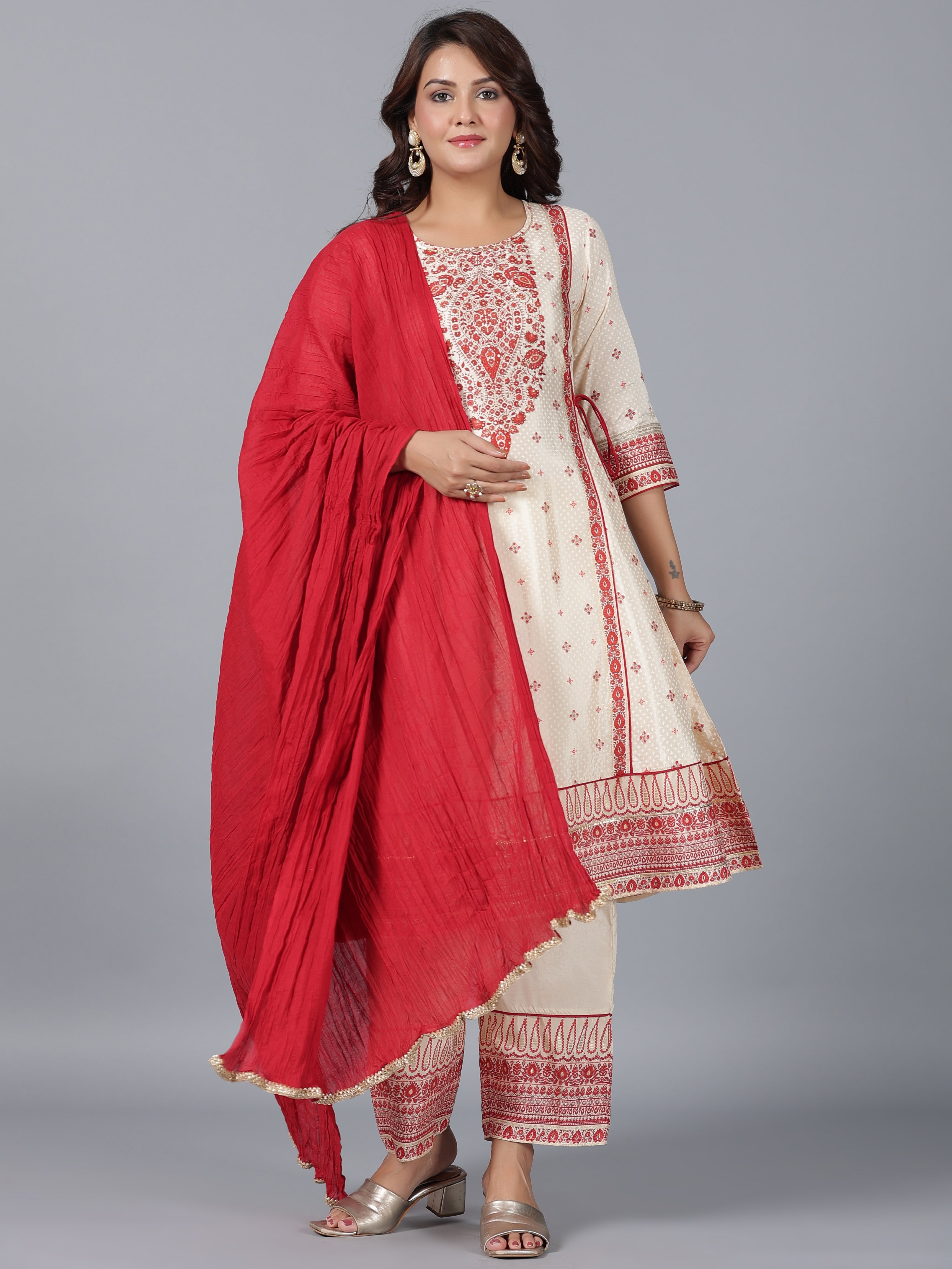 Juniper Women Beige Viscose Shantoon Printed Kurta, Pants & Dupatta Set - Distacart