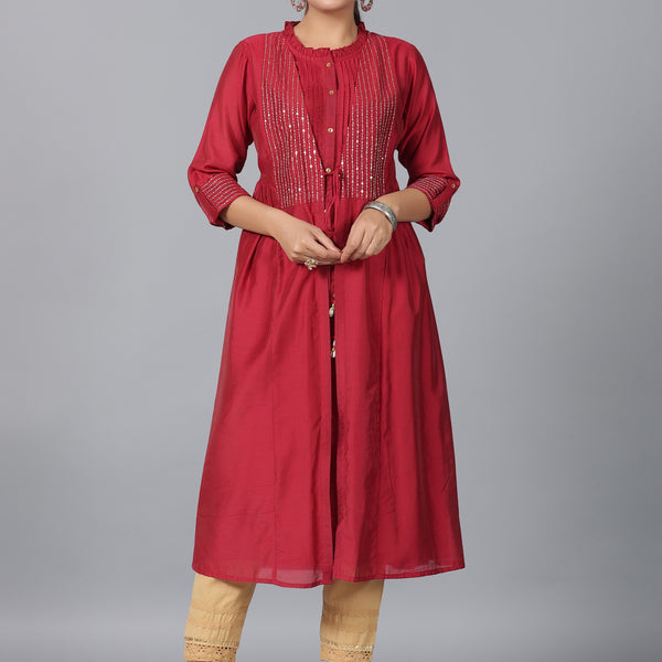 Juniper Women Maroon Chanderi Embroidered Jacket Style Kurta Dress - Distacart