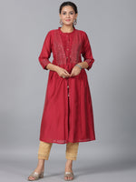 Thumbnail for Juniper Women Maroon Chanderi Embroidered Jacket Style Kurta Dress - Distacart