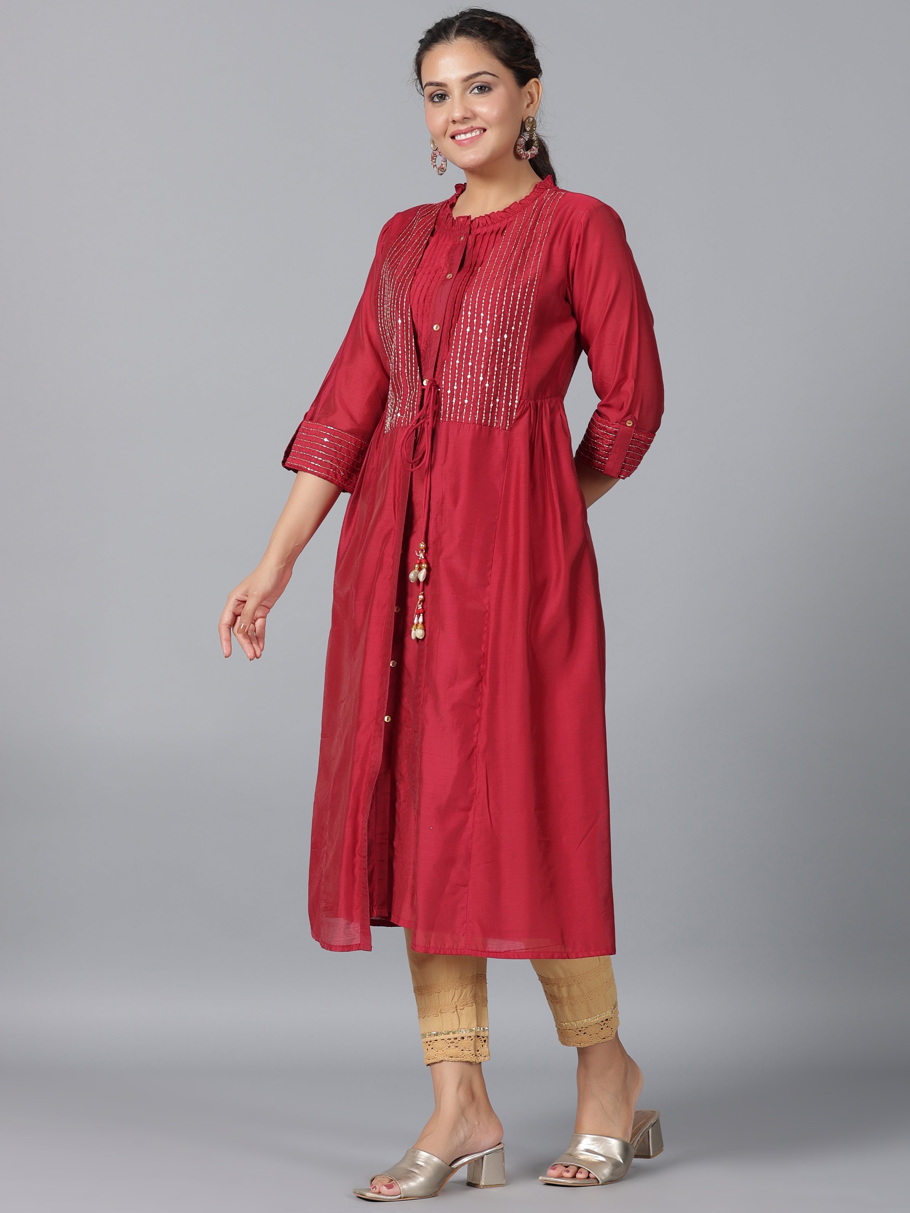 Juniper Women Maroon Chanderi Embroidered Jacket Style Kurta Dress - Distacart
