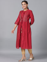 Thumbnail for Juniper Women Maroon Chanderi Embroidered Jacket Style Kurta Dress - Distacart