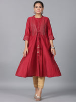 Thumbnail for Juniper Women Maroon Chanderi Embroidered Jacket Style Kurta Dress - Distacart